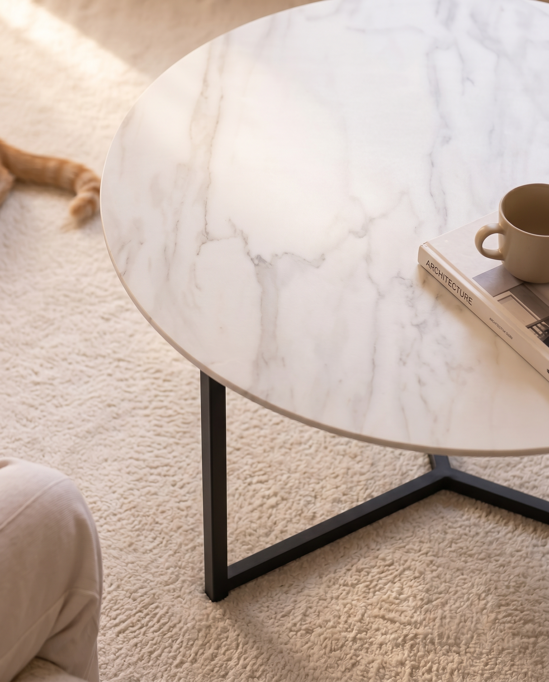 Balear round auxiliary table with carrara porcelain top and black metal leg Ø 80 cm
