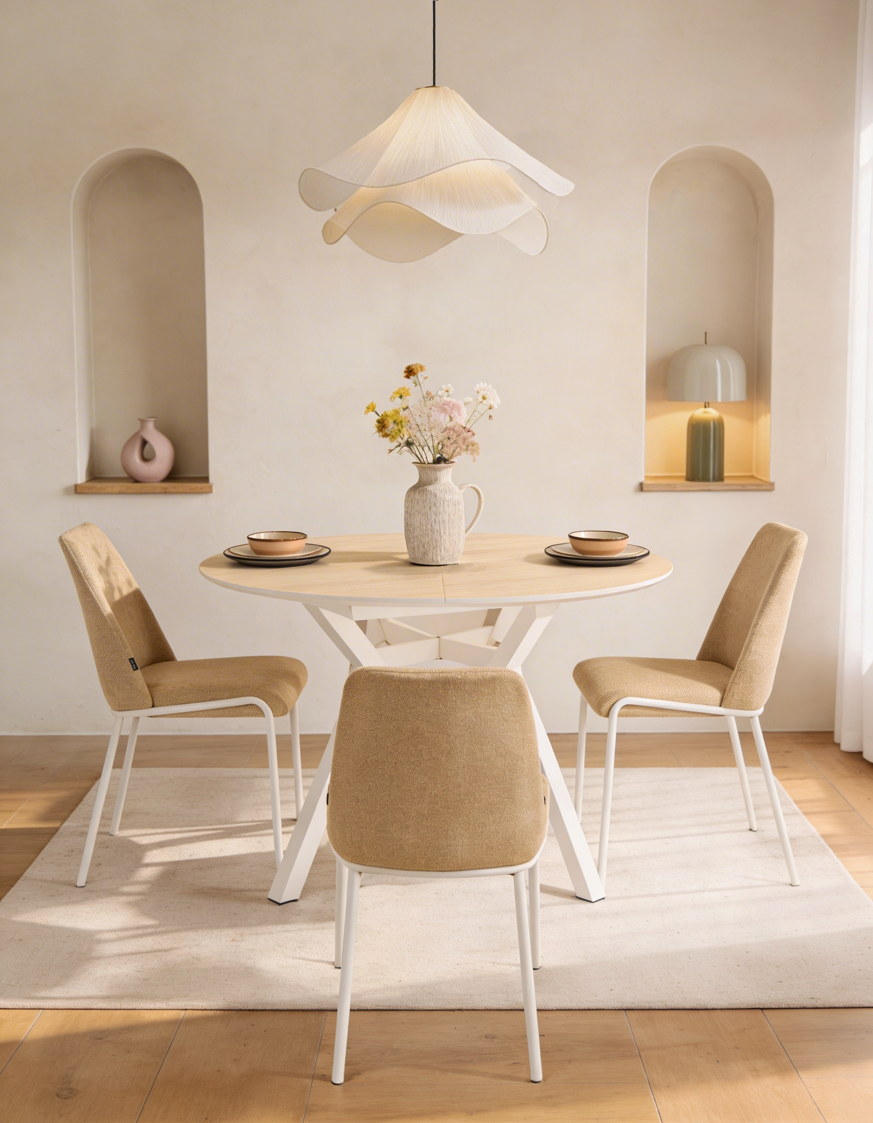 Cantabrian extendable table with natural oak melamine top and ivory metal leg 120(160) x 120 cm