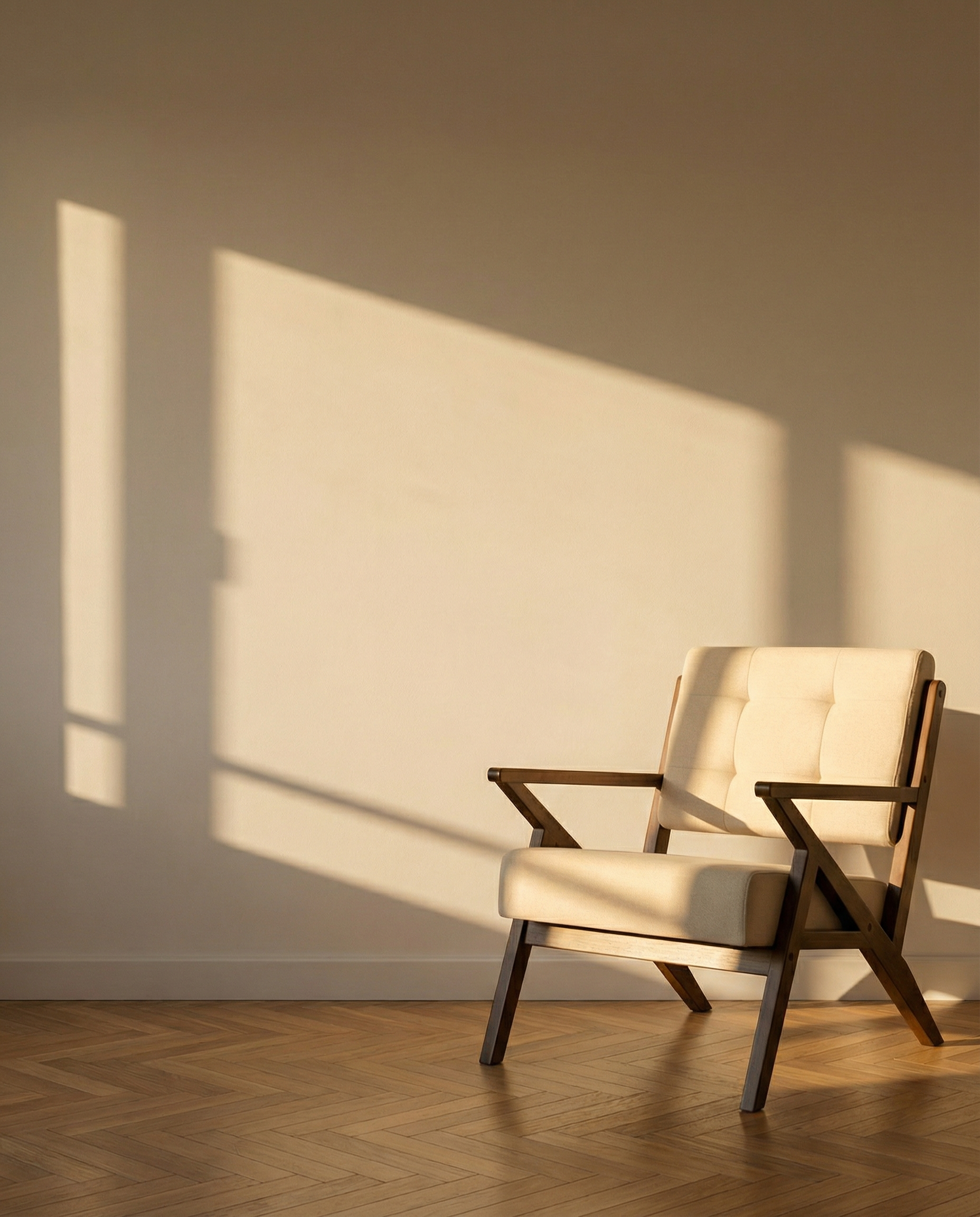 Fauteuil Sakura avec tapisserie sable et finition en bois foncé