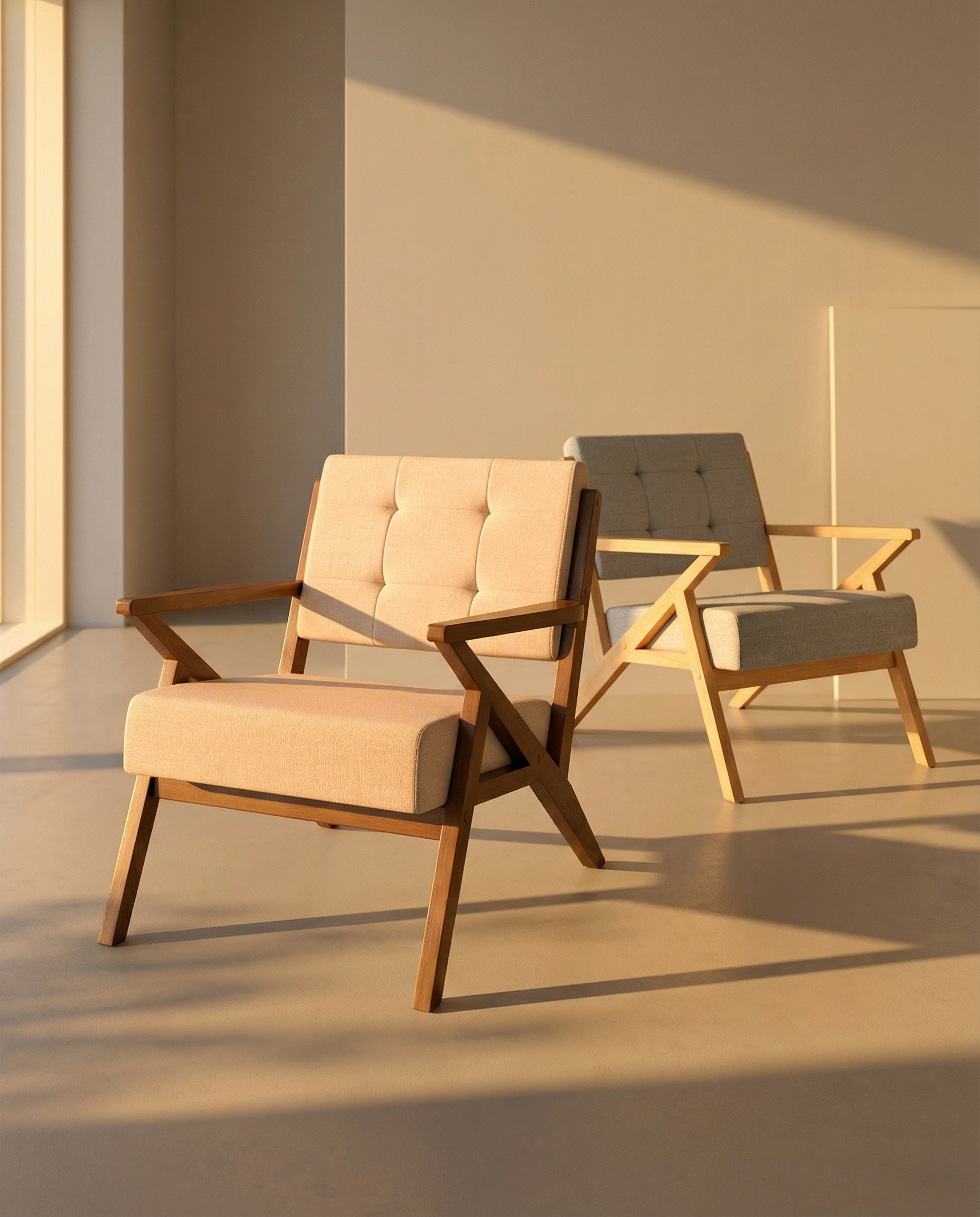 Sakura armchair with gray upholstery and light wood finish