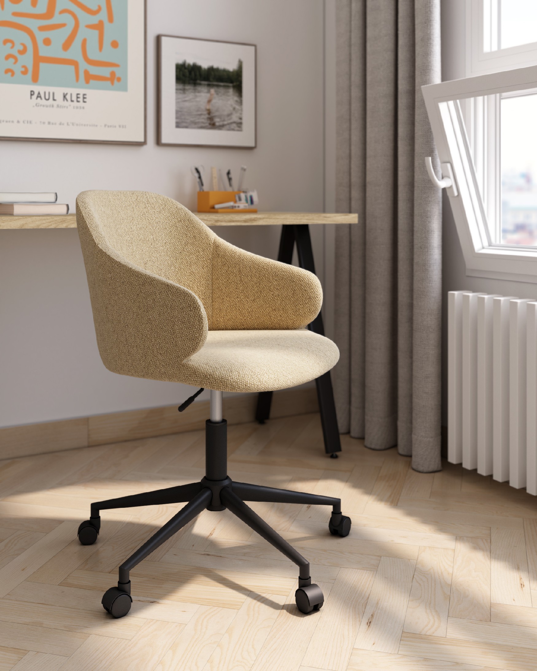 Silla Glasgow con tapizado mostaza y patas metálicas negras