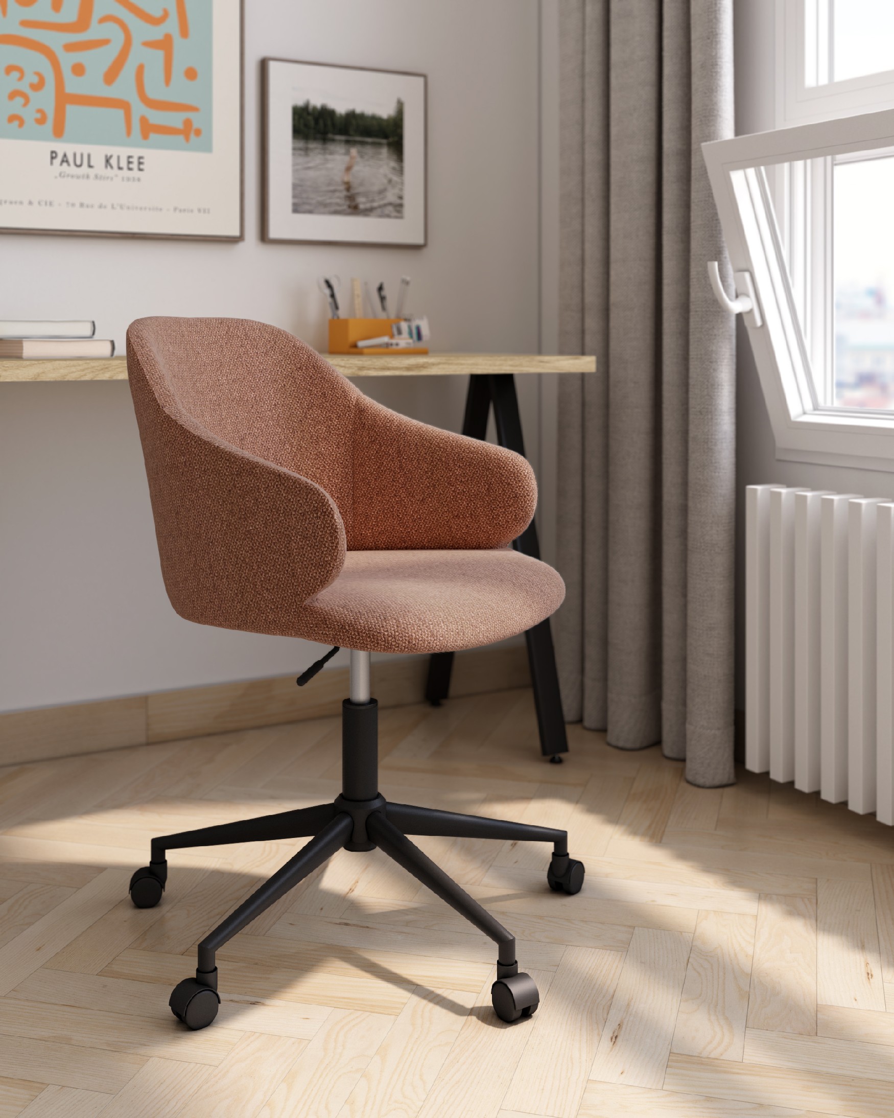 Glasgow chair with salmon upholstery and black metal legs