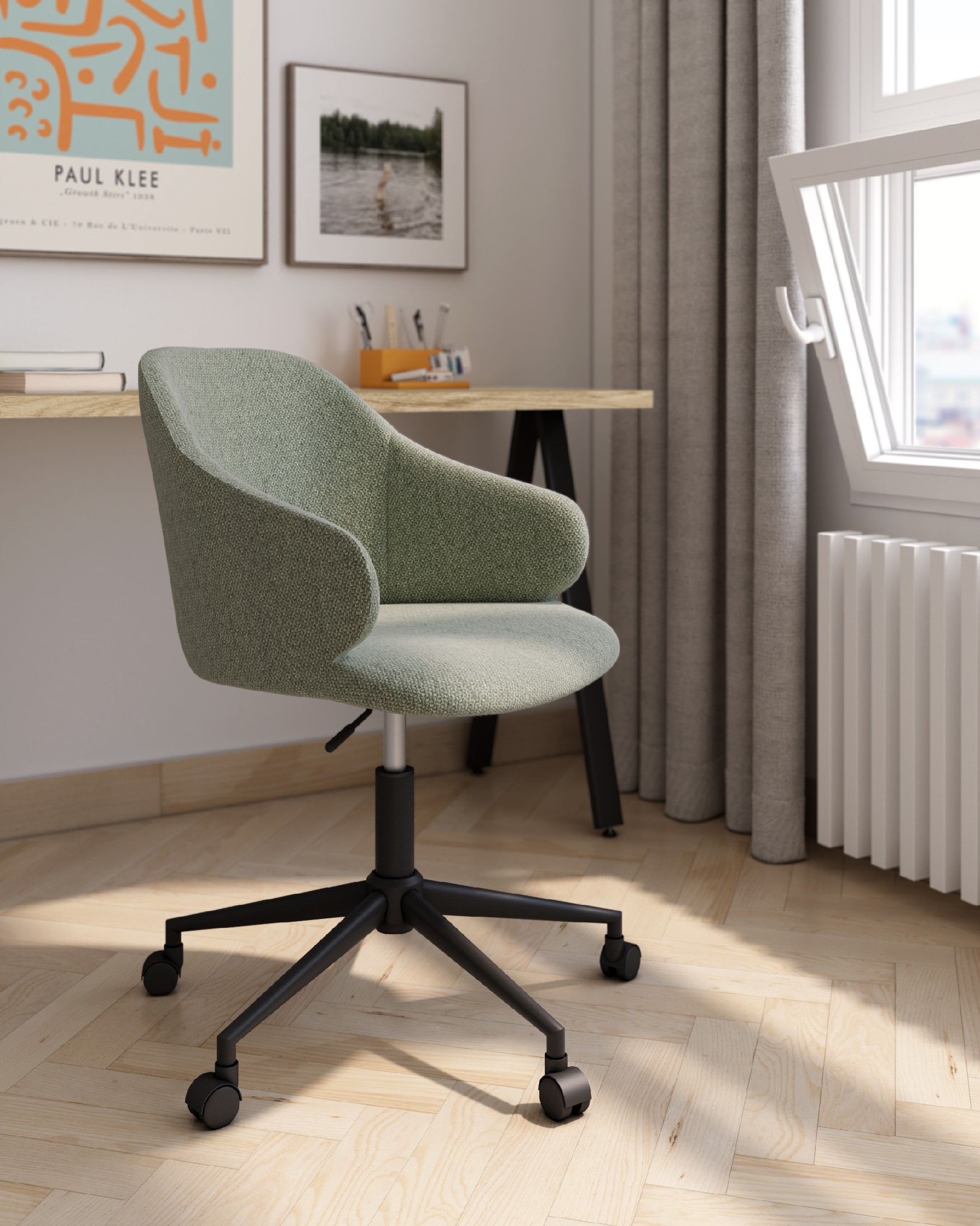 Glasgow chair with green upholstery and black metal legs