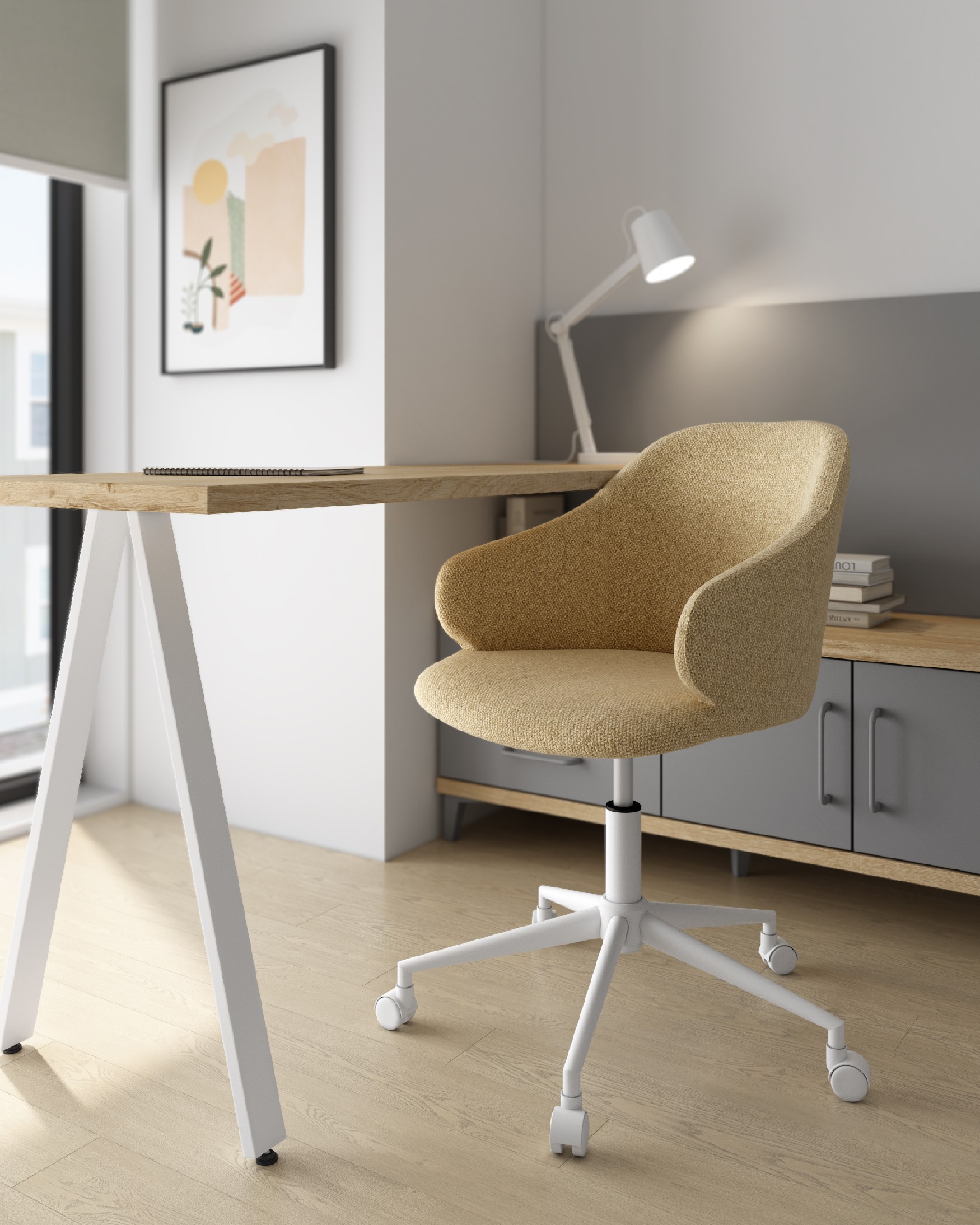 Zurich chair with mustard upholstery and white metal legs