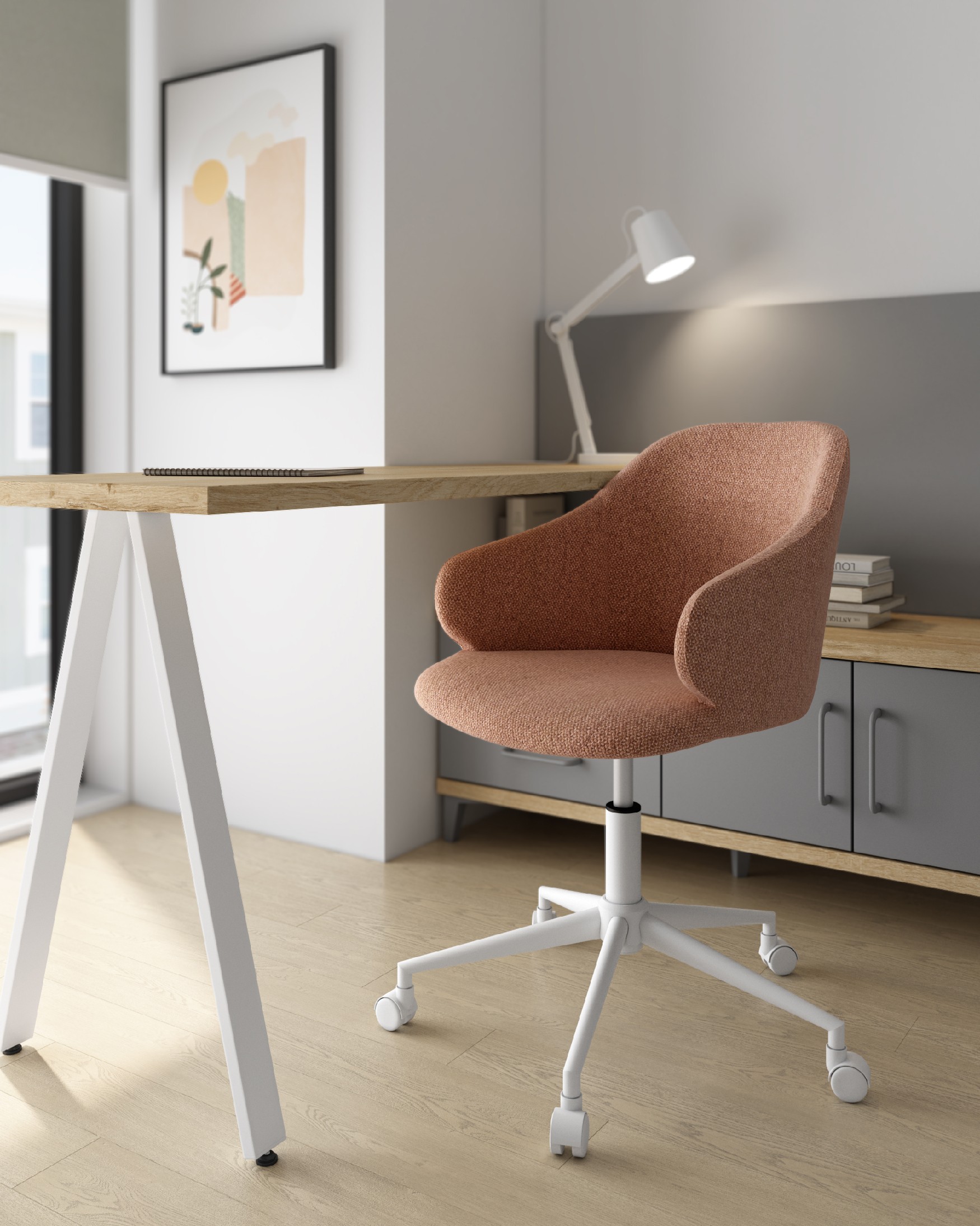 Silla Zurich con tapizado salmón y patas metálicas blancas