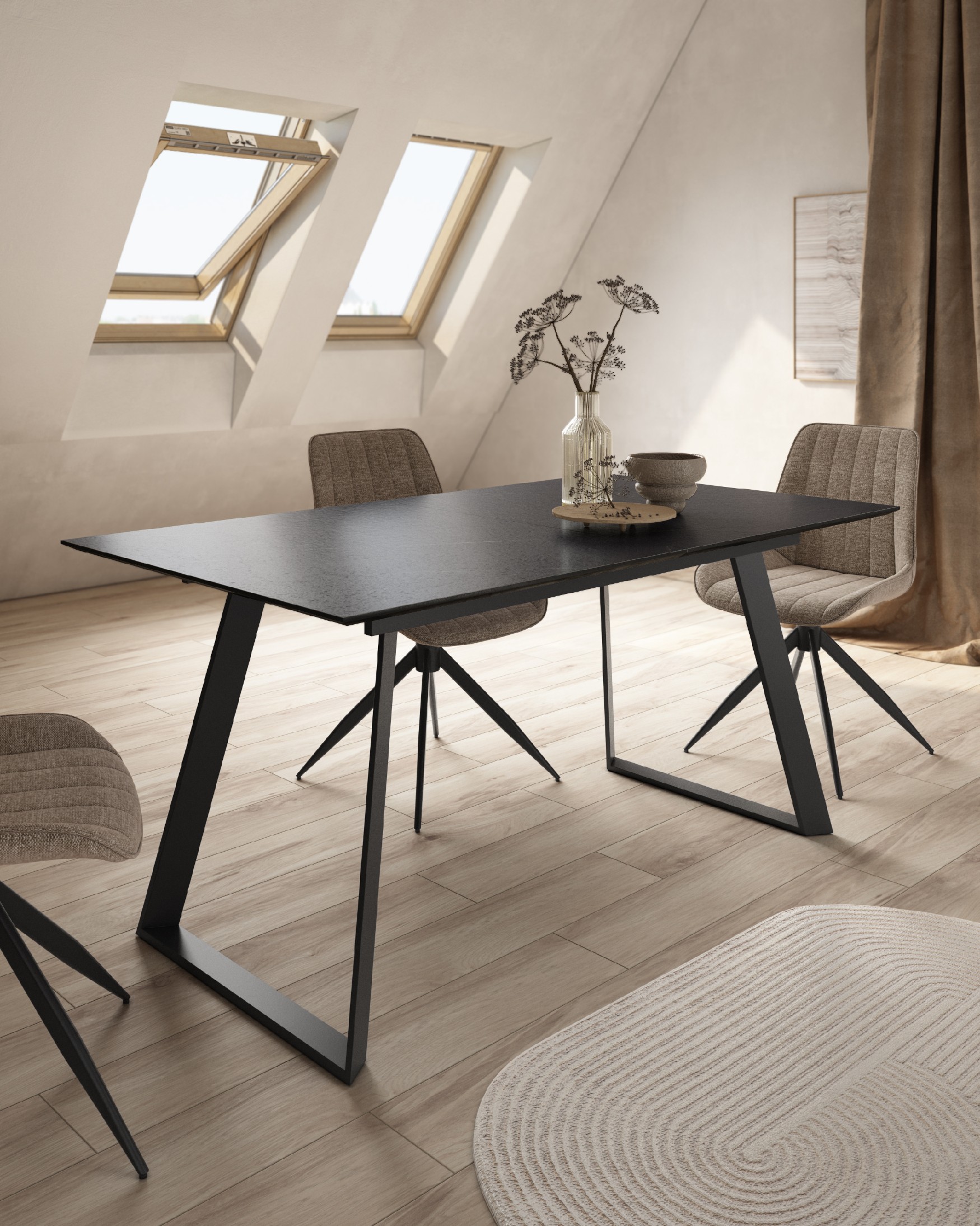 Table extensible Timor avec finition MDF marquina et pied métallique noir 140/180 x 90 cm