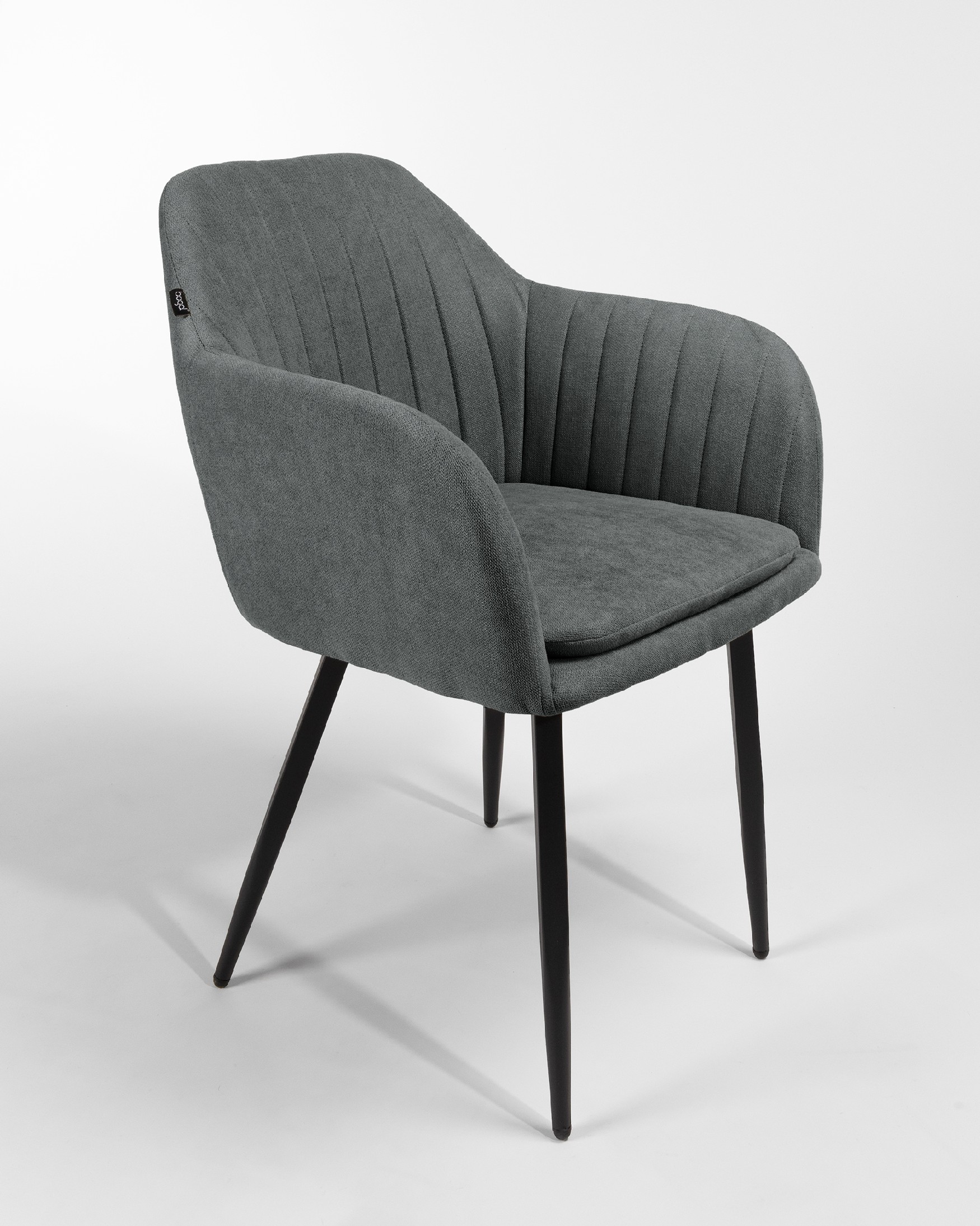 Chicago chair with dark gray upholstery and black metal legs