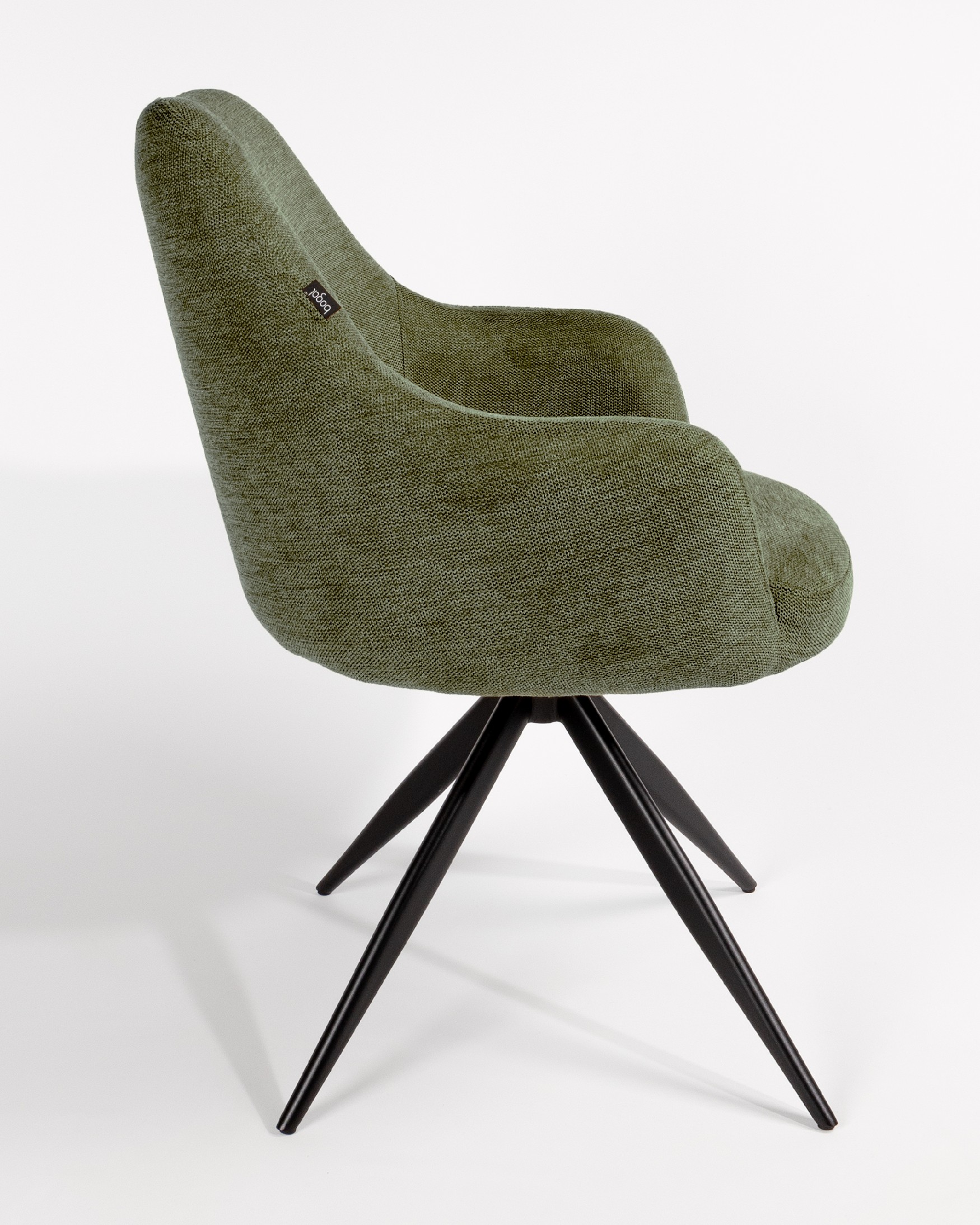 Montreal swivel chair 180º with return function, green upholstery, and black metal legs