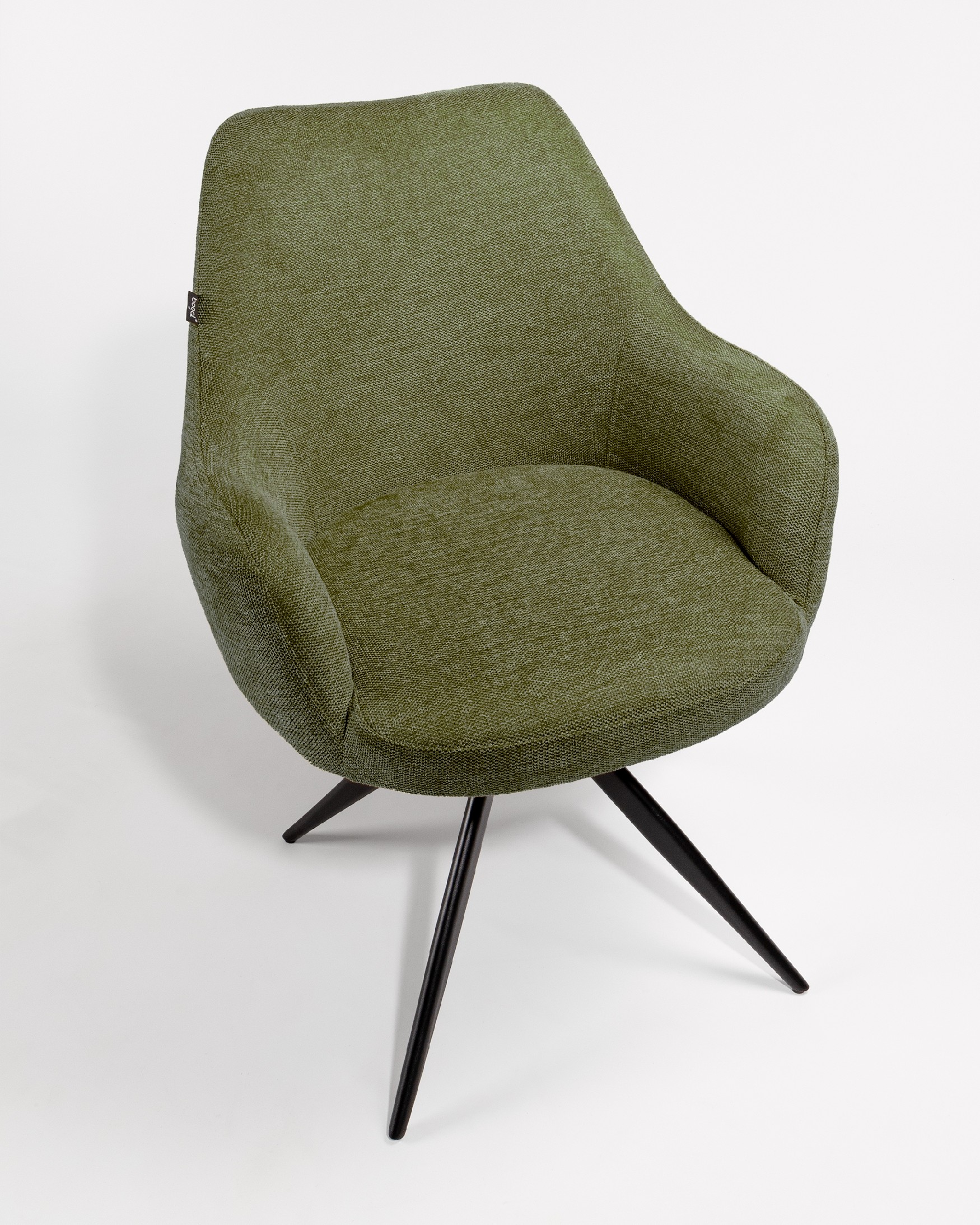 Montreal swivel chair 180º with return function, green upholstery, and black metal legs