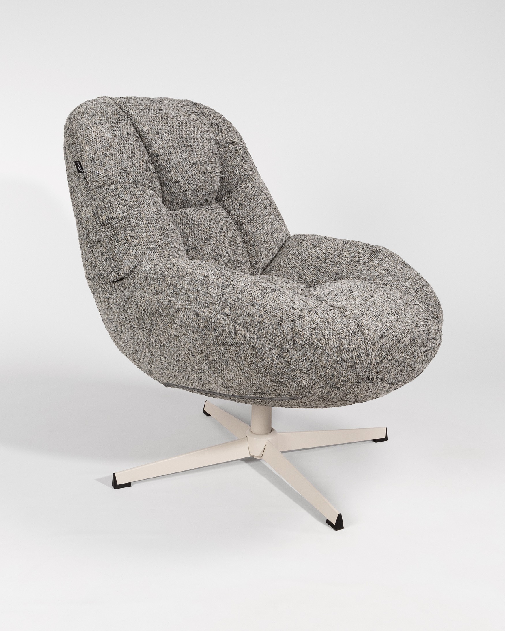 Nolia armchair with storm upholstery and ivory metal base, 360° swivel