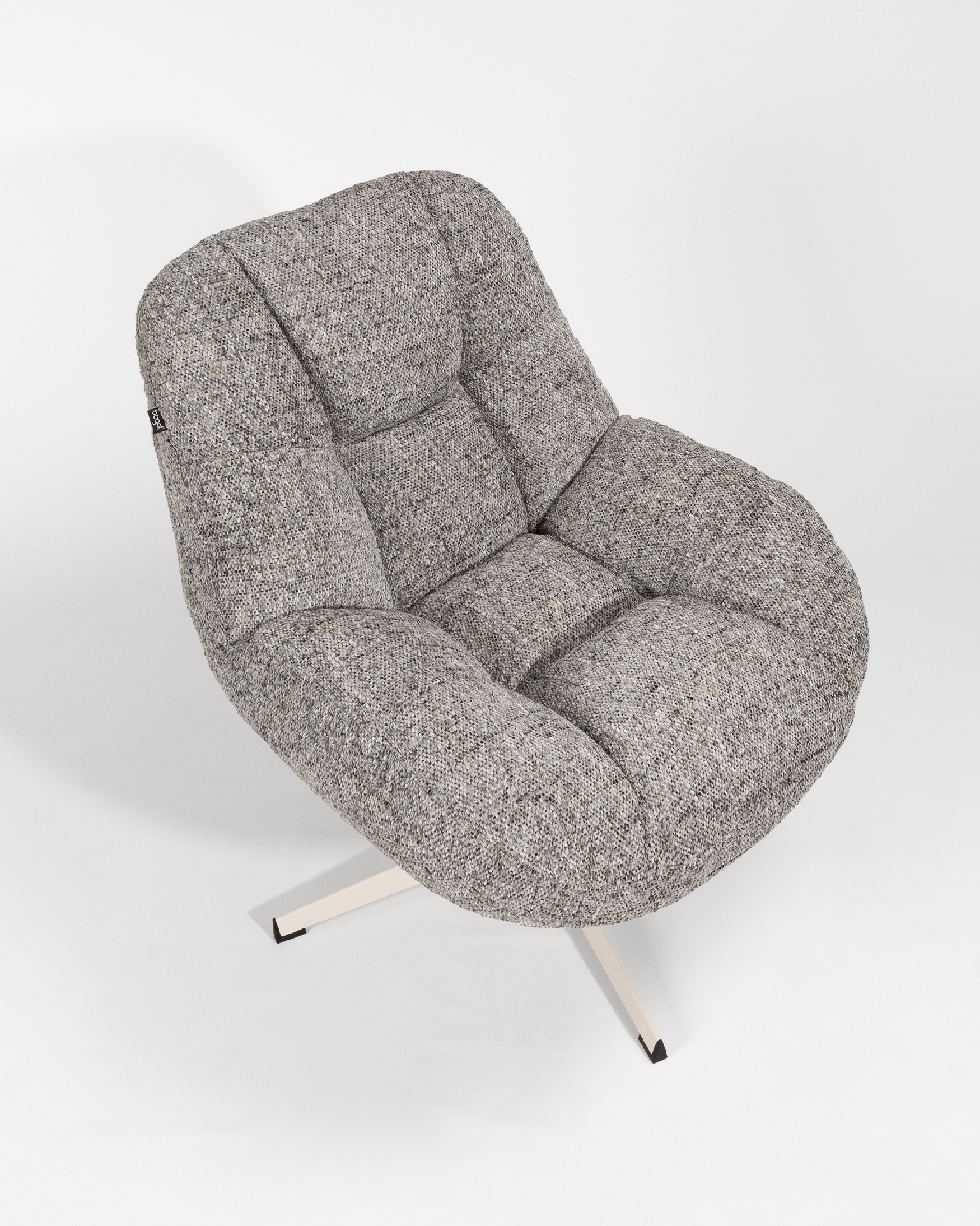 Nolia armchair with storm upholstery and ivory metal base, 360° swivel