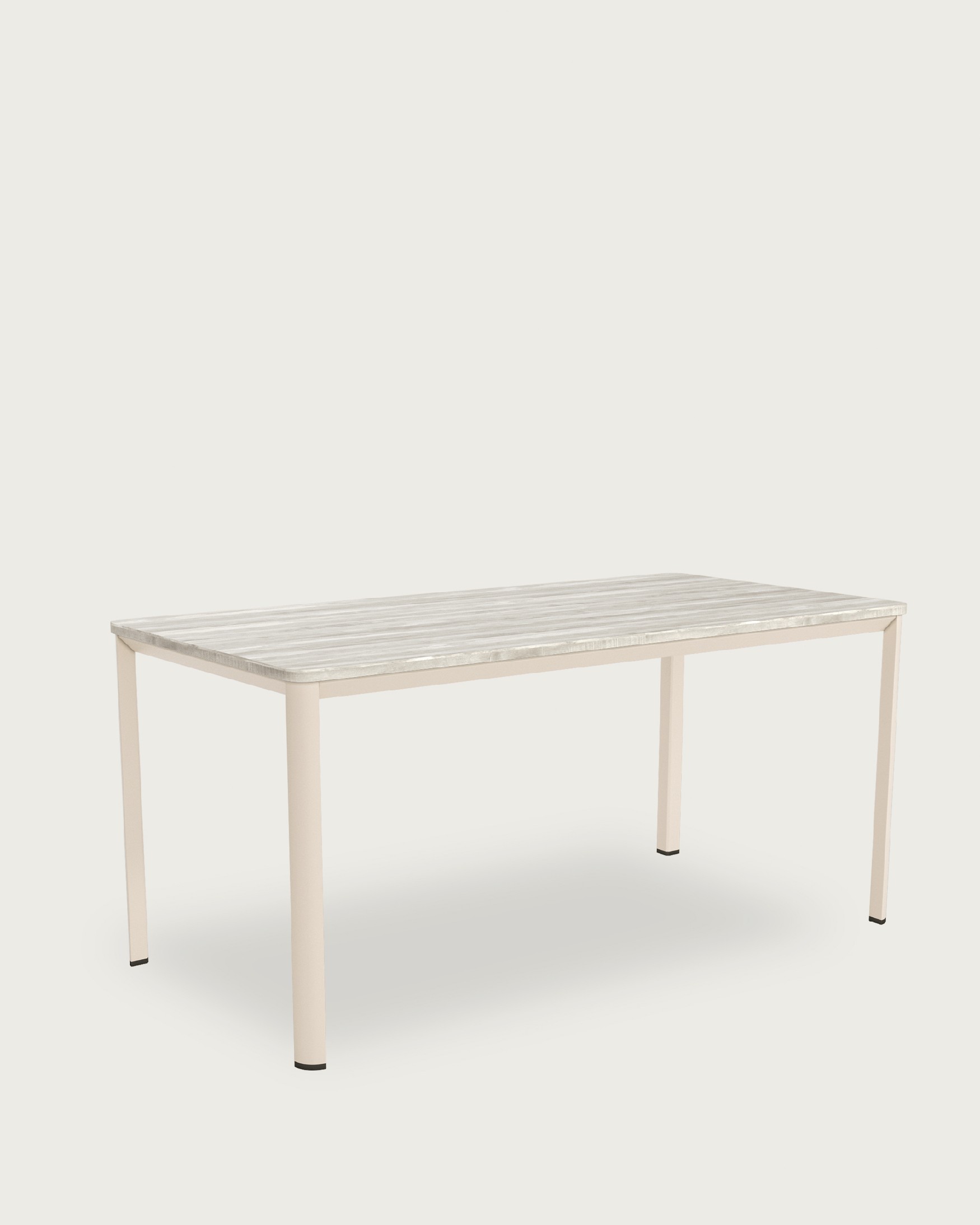Onea table with rounded edges, made of artic melamine and ivory metal legs, 140 x 90 cm