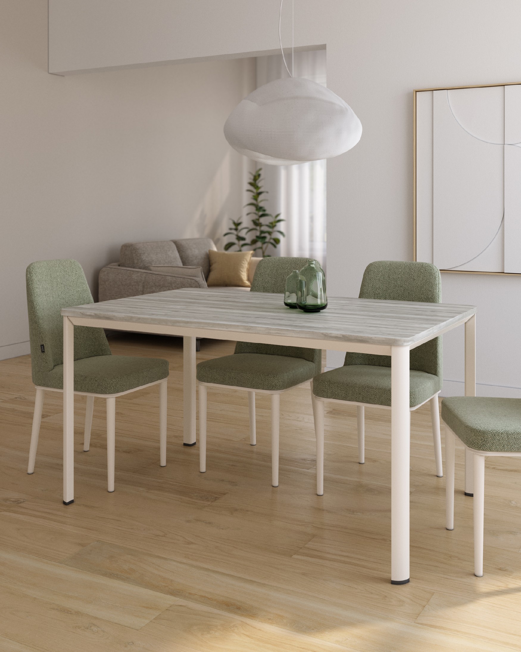 Onea table with rounded edges, made of artic melamine and ivory metal legs, 140 x 90 cm