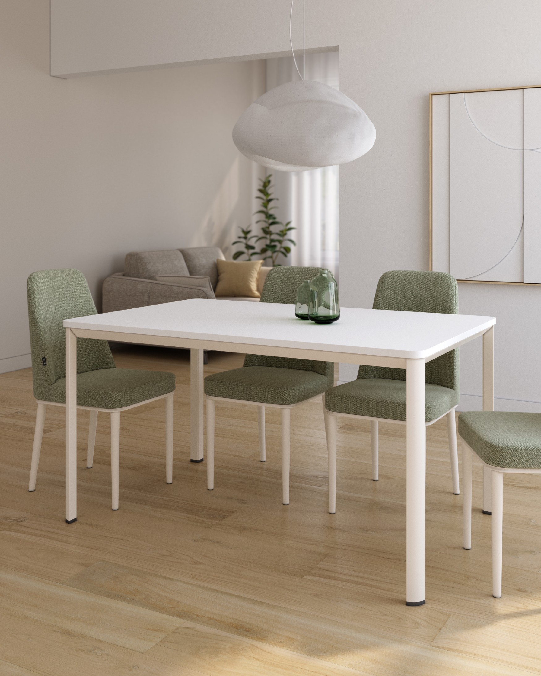 Onea table with rounded edges, extra white melamine top, and ivory metal leg 120 x 80 cm