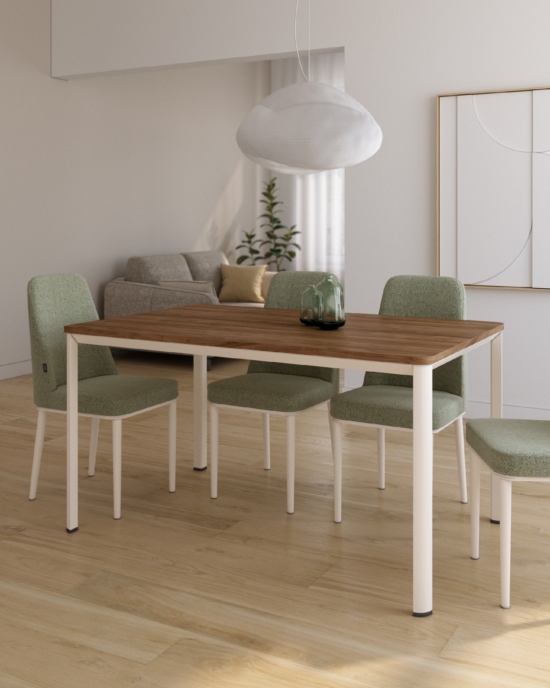 Onea table with rounded edges, Java melamine top and ivory metal leg, 120 x 80 cm
