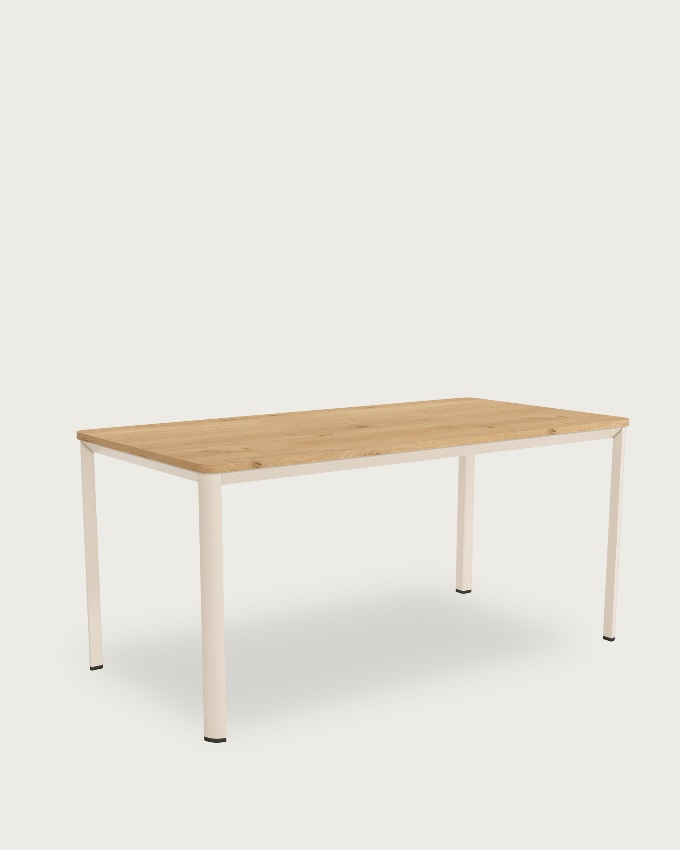 Table Onea avec bords arrondis en mélamine chêne naturel et pied métallique ivoire 120 x 80 cm
