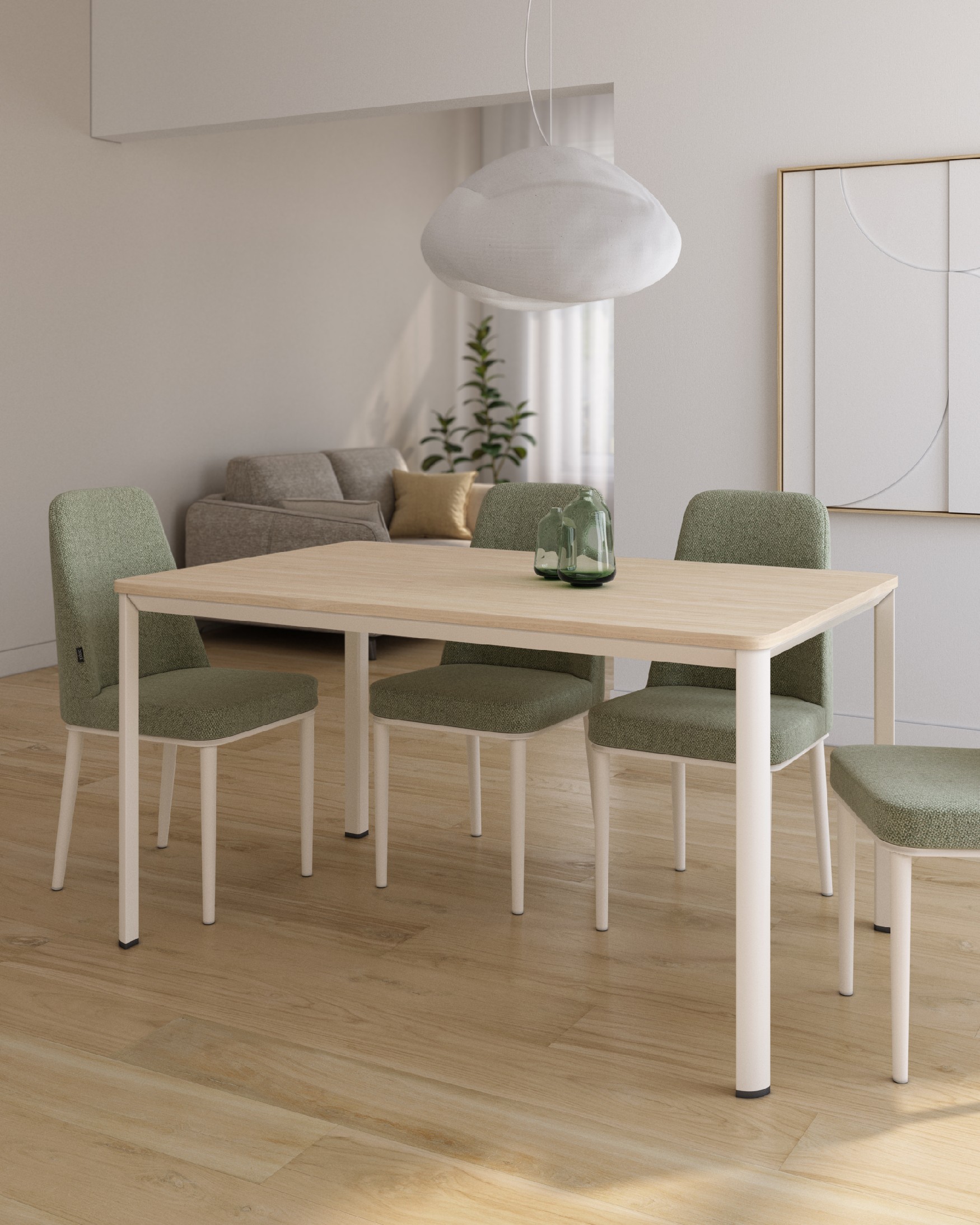 Table Onea avec bords arrondis en mélamine alpin et pied métallique ivoire 180 x 90 cm