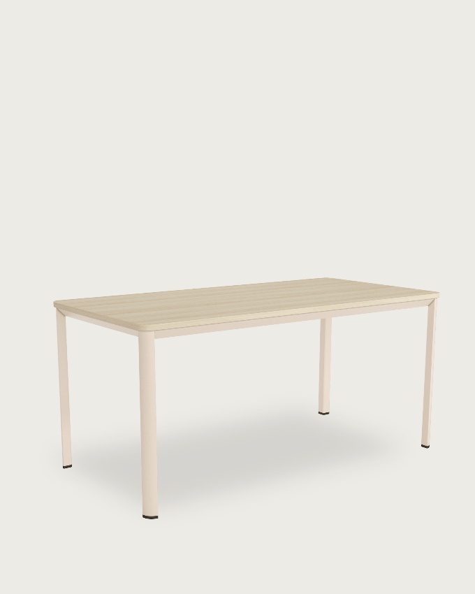 Table Onea avec bords arrondis en mélamine chêne et pied métallique ivoire 120 x 80 cm