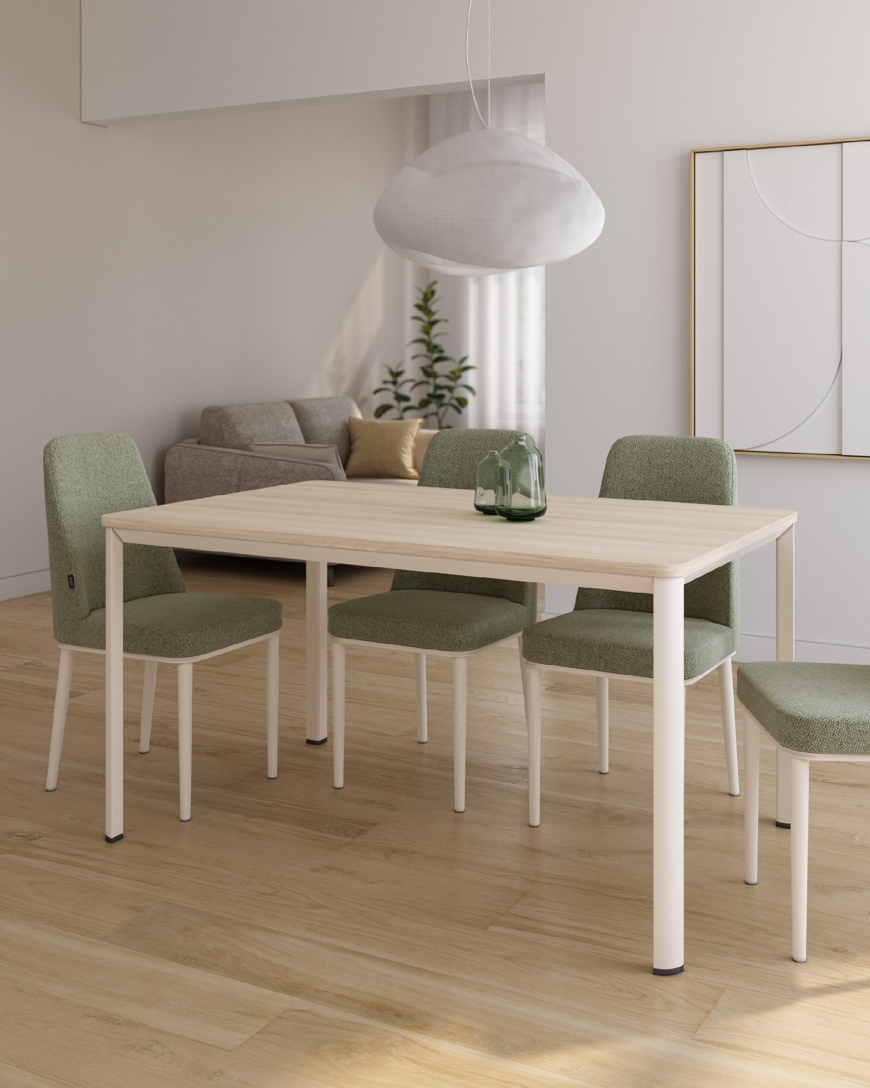 Table Onea avec bords arrondis en mélamine chêne et pied en métal ivoire 140 x 90 cm
