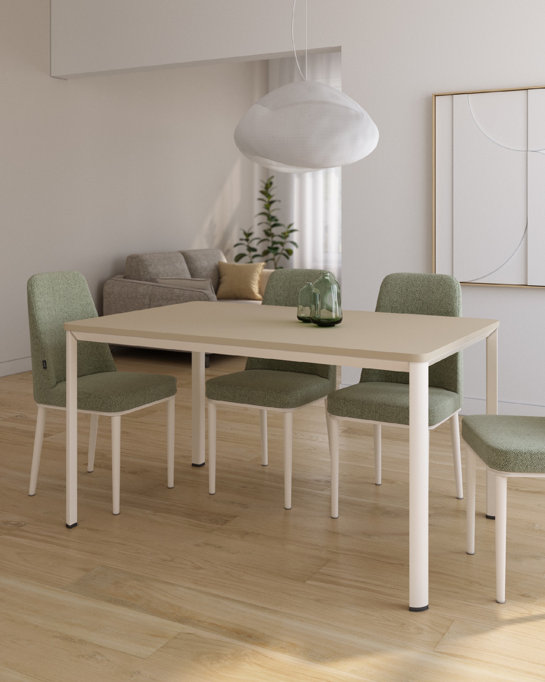 Onea table with rounded edges in pearl melamine top and ivory metal leg 140 x 90 cm
