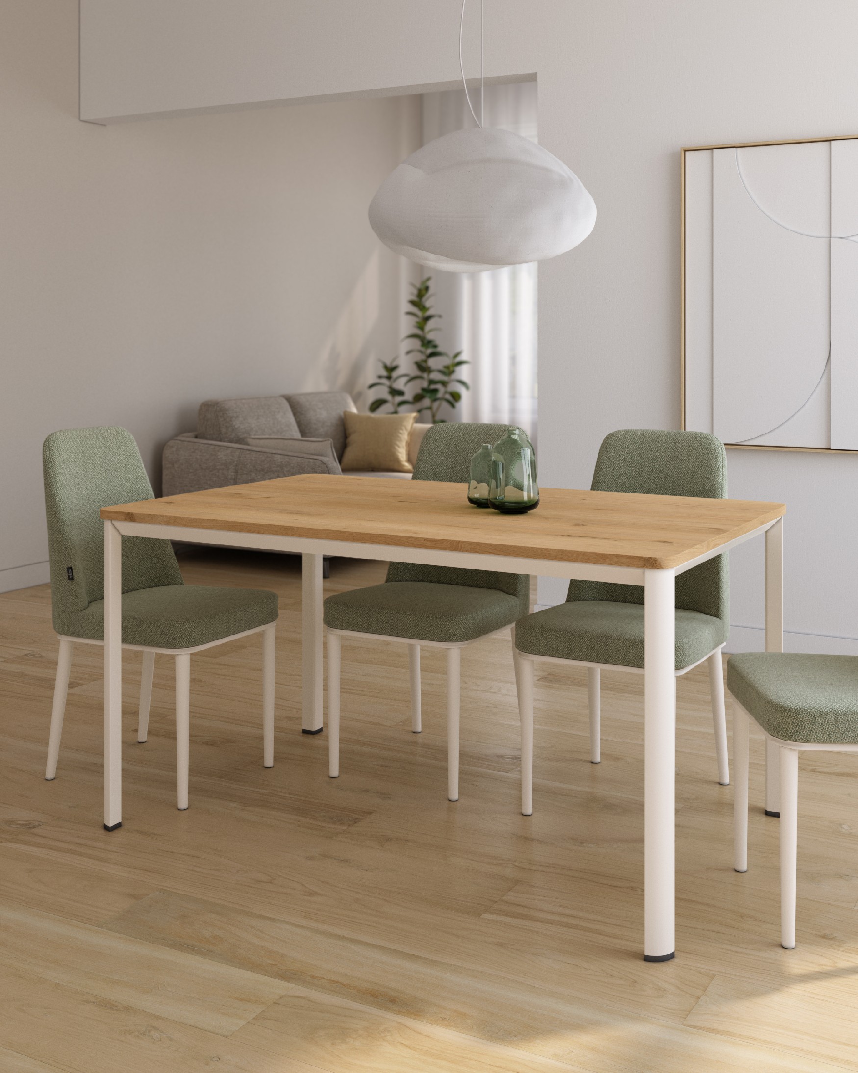 Onea table with rounded edges, made of oak melamine and ivory metal leg, 160 x 90 cm
