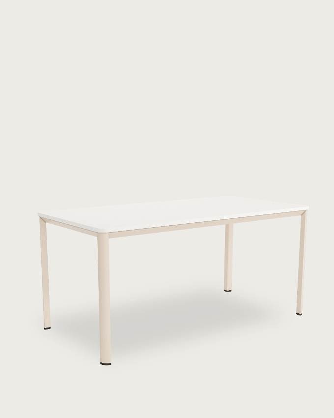 Table Onea avec bords arrondis en mélamine soul blanche et pied métallique ivoire 120 x 80 cm