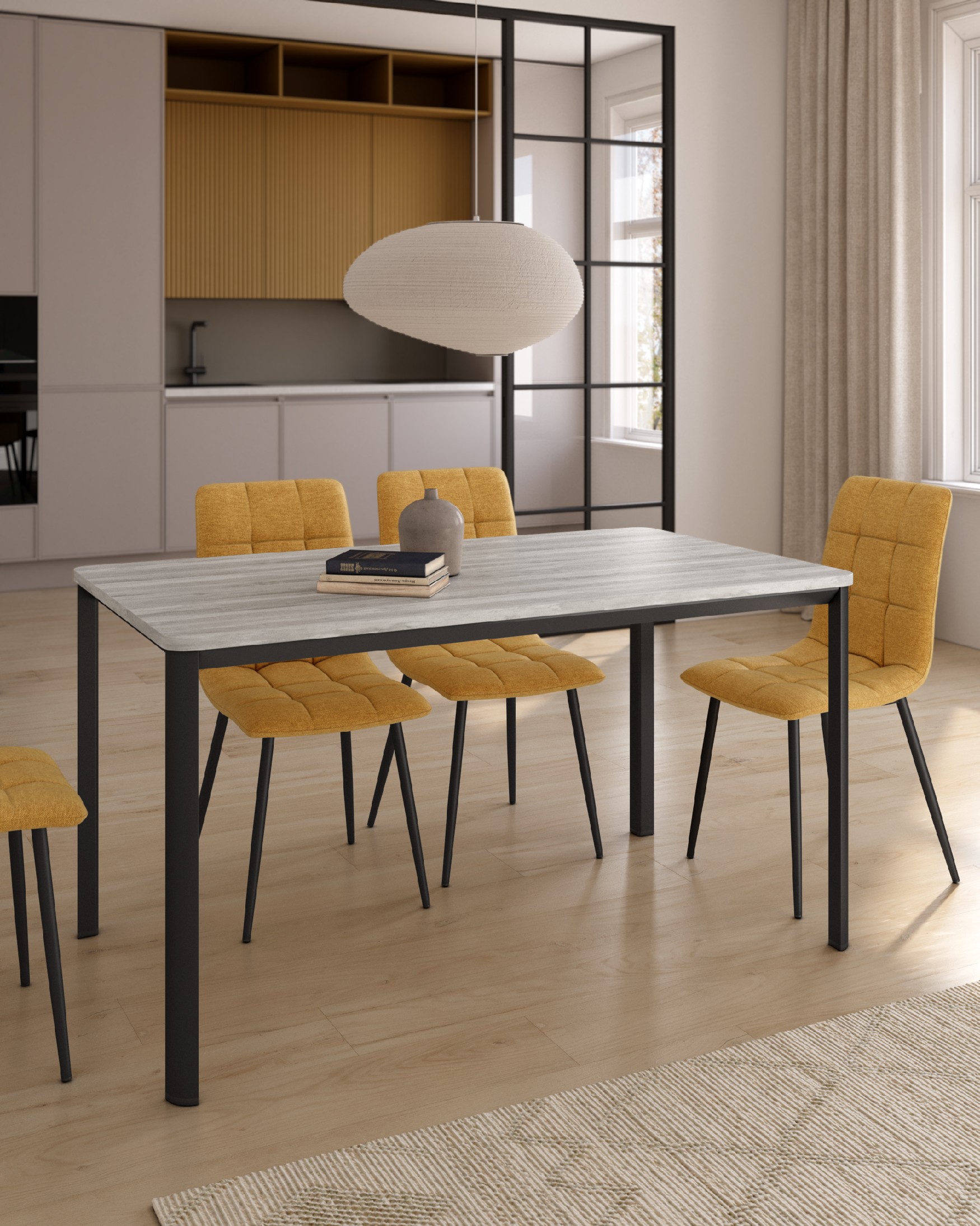 Onea table with rounded edges, melamine artic top and black metal legs 160 x 90 cm