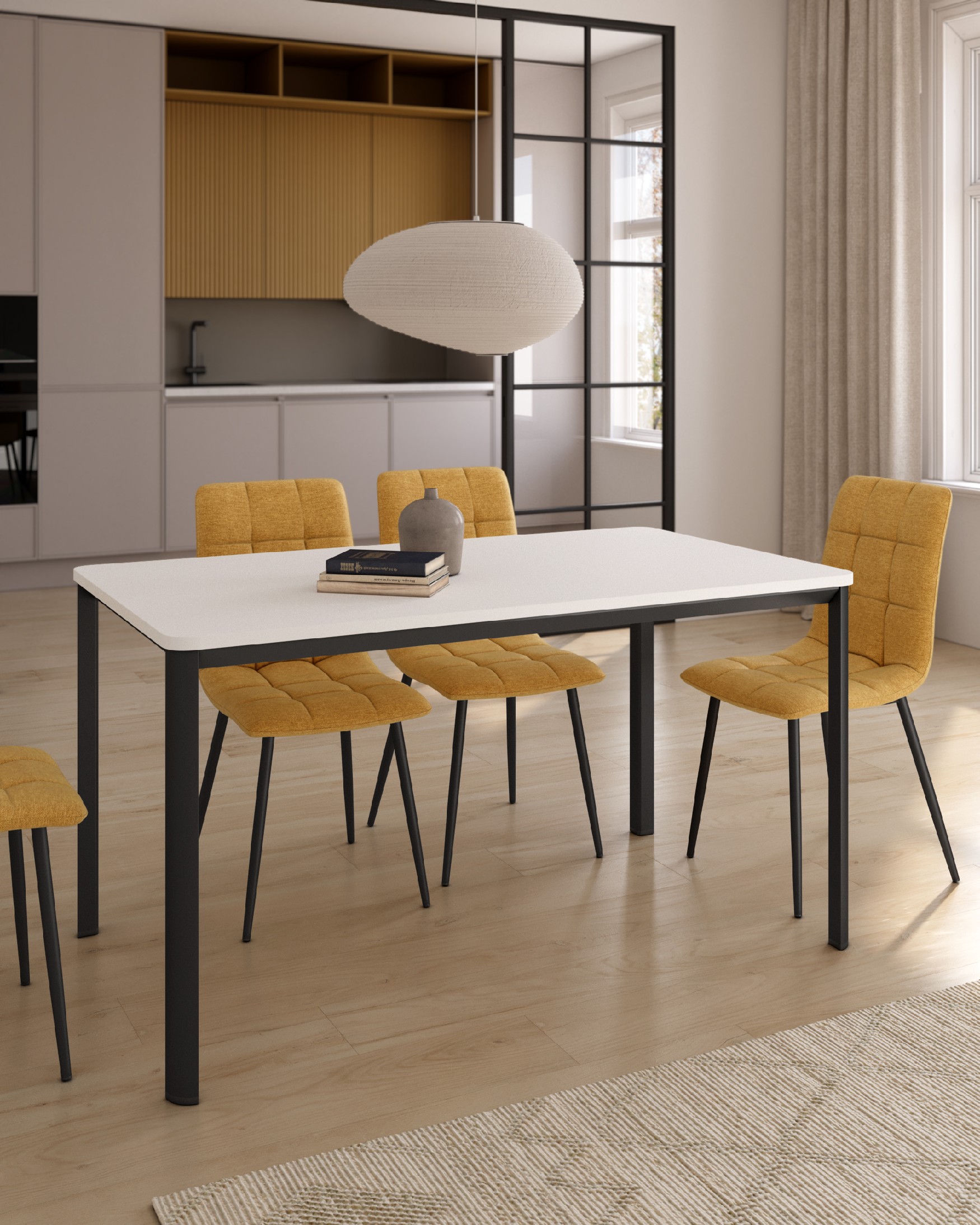 Table Onea avec bords arrondis en mélamine blanche extra et pied métallique noir 140 x 90 cm