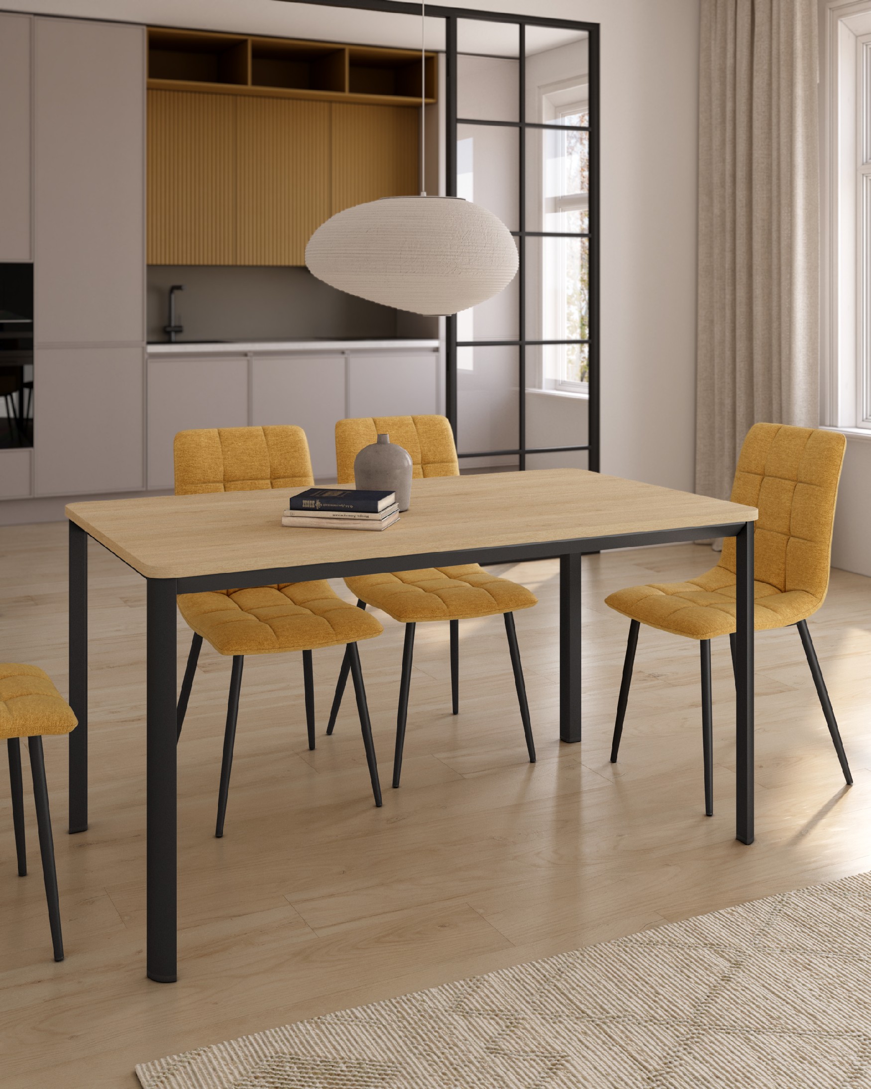 Table Onea avec bords arrondis en mélamine chêne naturel et pied métallique noir 120 x 80 cm