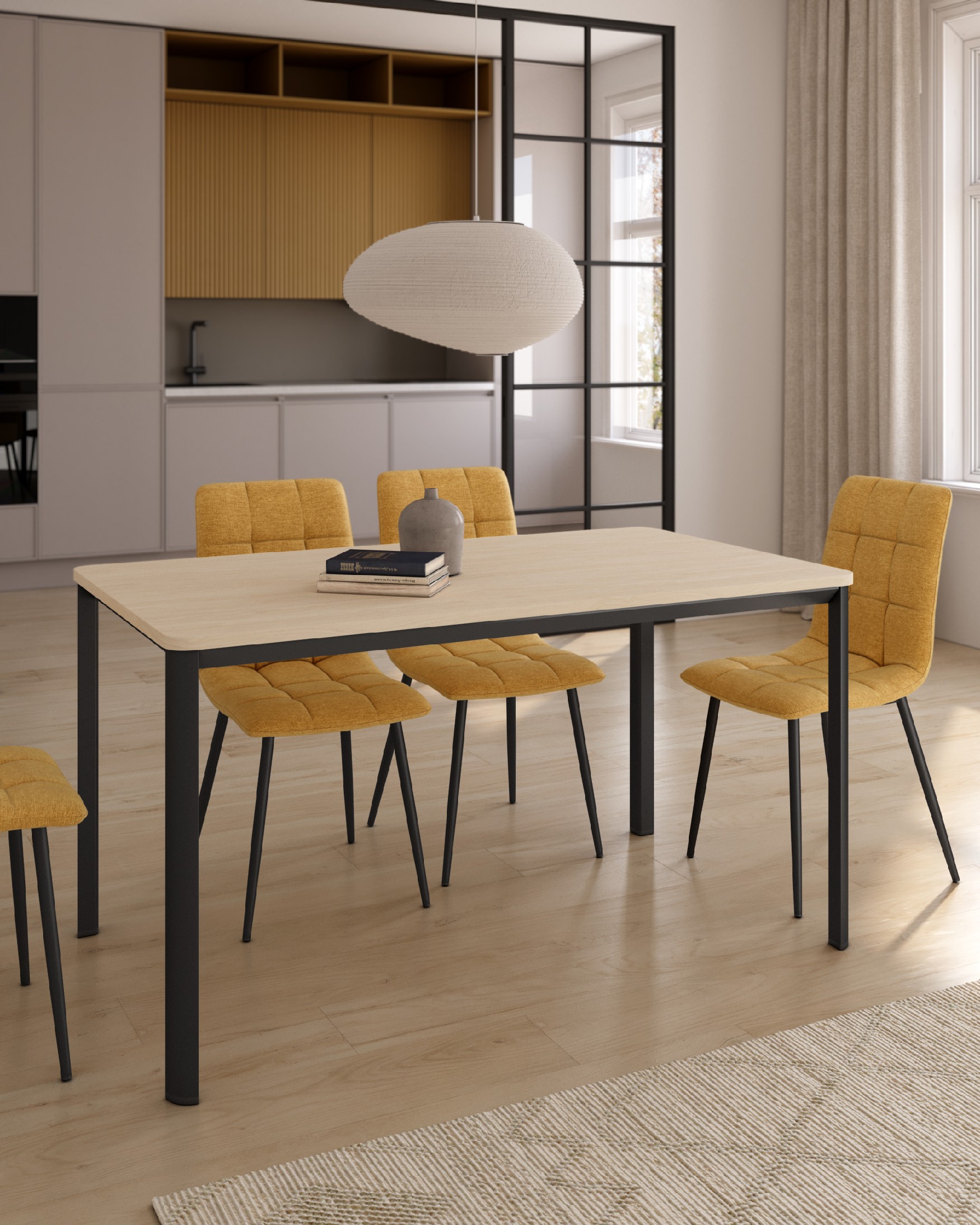 Onea table with rounded edges, Alpine melamine top, and black metal leg 140 x 90 cm