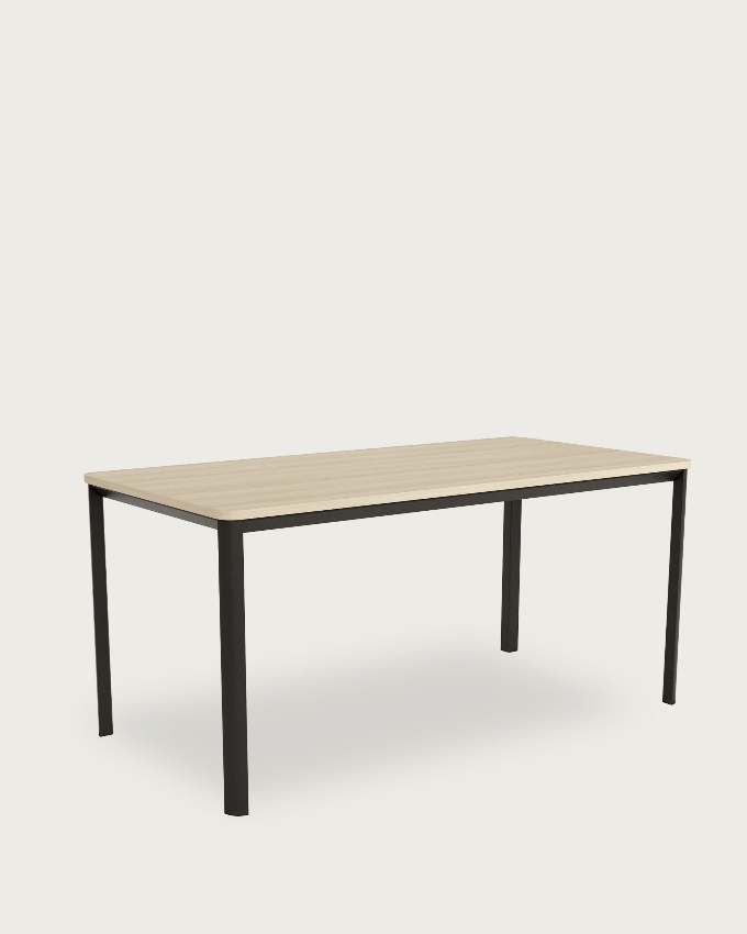 Onea table with rounded edges, melamine elm top, and black metal leg 120 x 80 cm