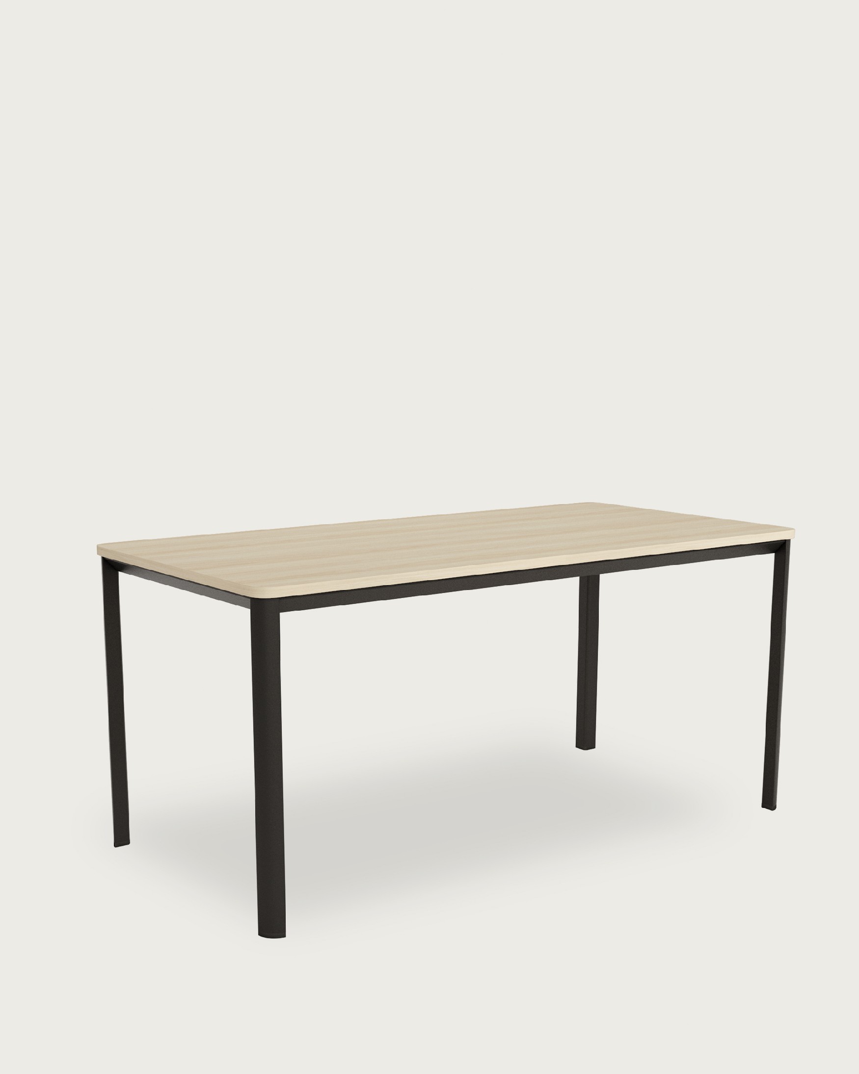 Onea table with rounded edges, melamine elm top, and black metal leg 120 x 80 cm