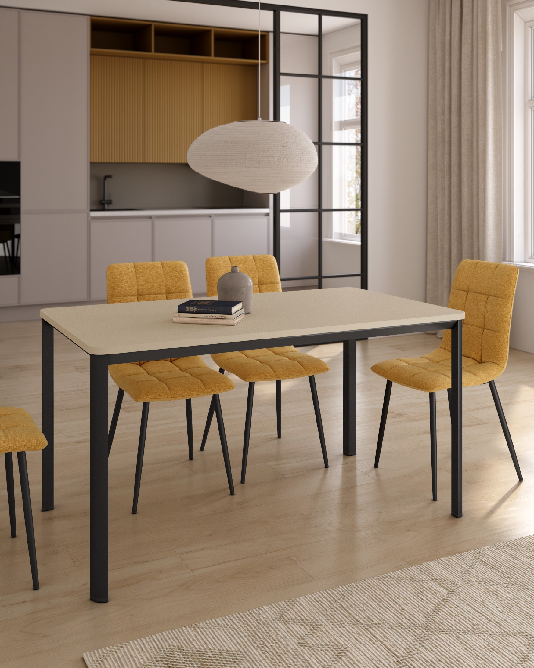 Table Onea avec bords arrondis en mélamine perle et pied métallique noir 160 x 90 cm