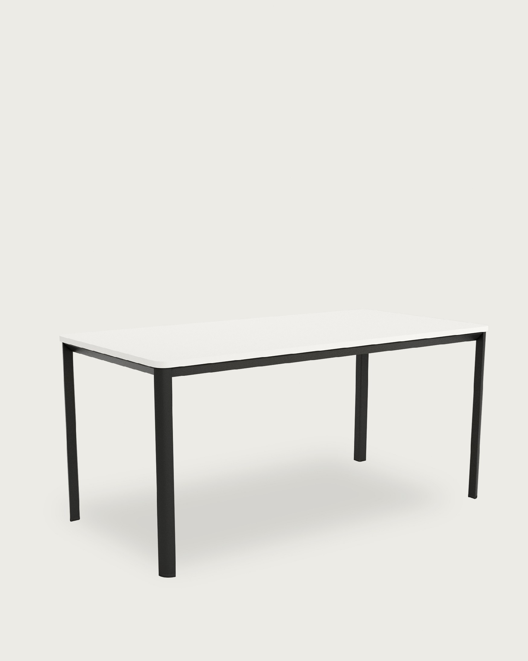 Onea table with rounded edges, white soul melamine top, and black metal leg, 140 x 90 cm