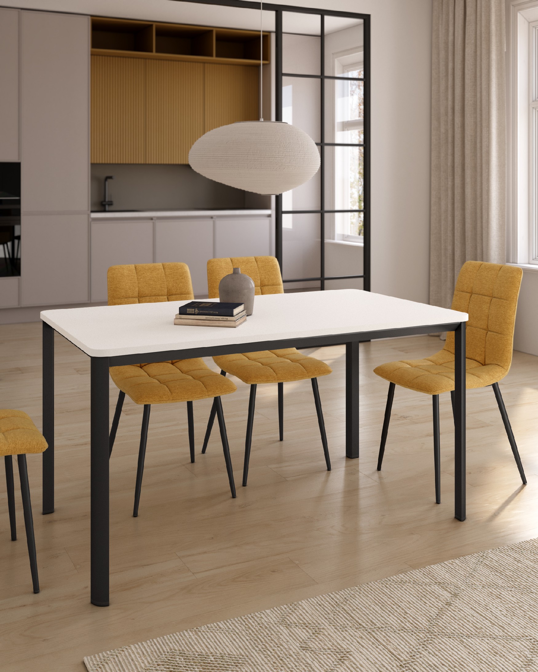 Onea table with rounded edges, white soul melamine top, and black metal leg, 140 x 90 cm