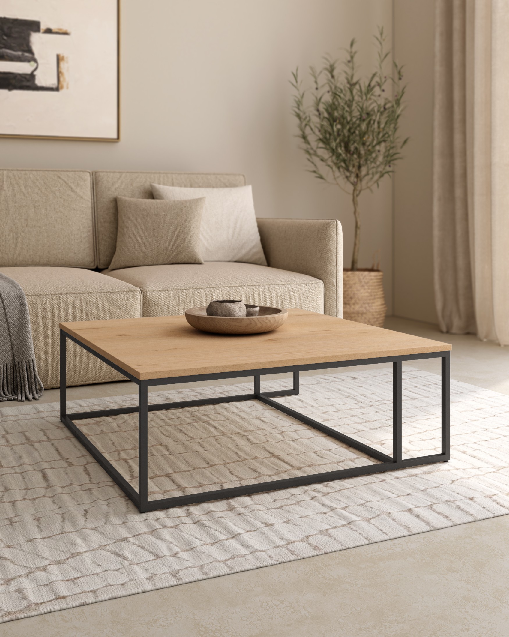 Table d'appoint Zenit avec plateau en mélamine chêne colonial et pied métallique noir 80 x 80 cm