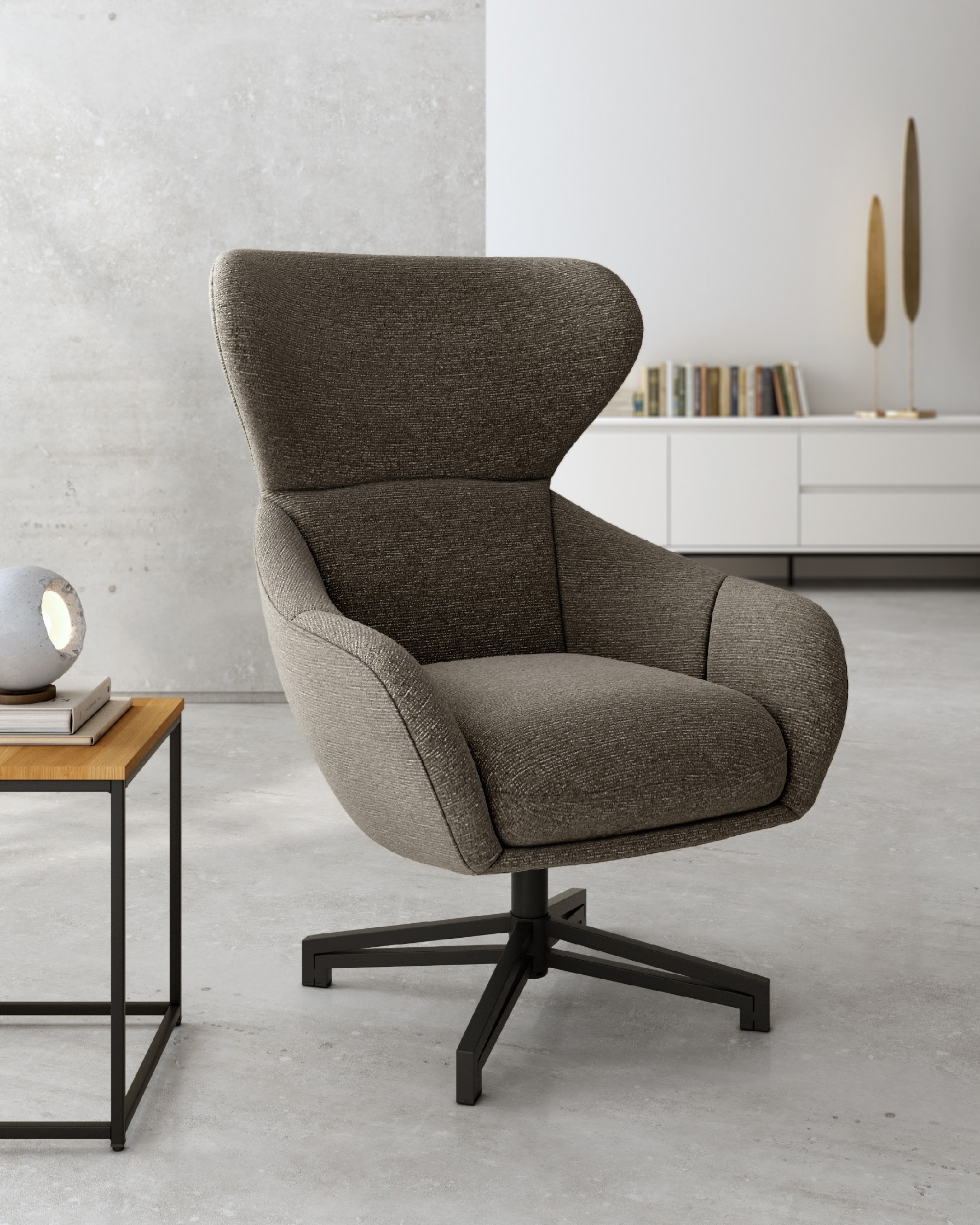 Abelia swivel armchair with anthracite upholstery and black metal leg