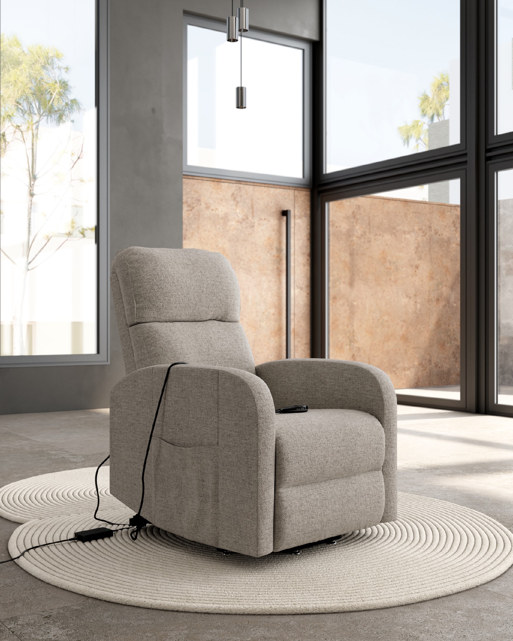Electric recliner chair Ada with pearl upholstery and black metal leg