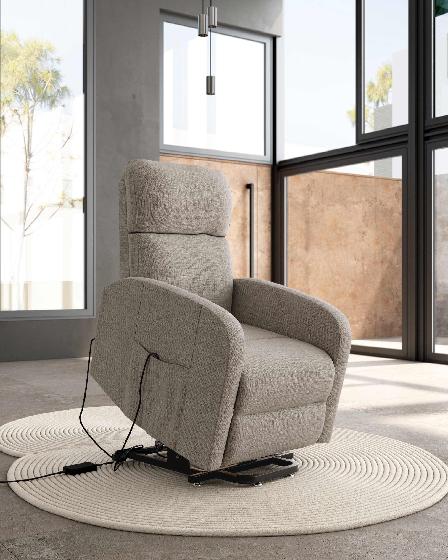 Electric recliner chair Ada with pearl upholstery and black metal leg