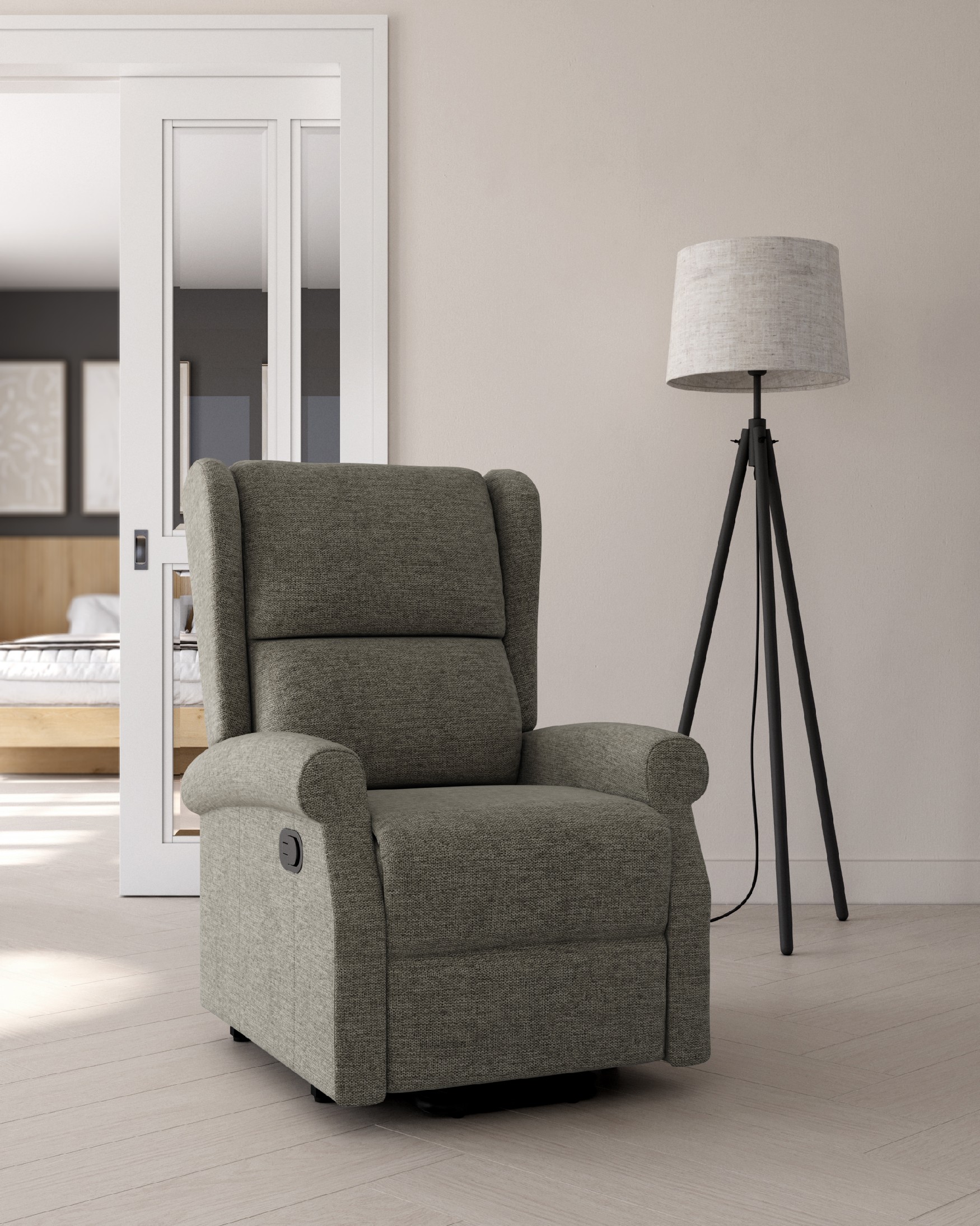 Manual recliner chair Alba with gray upholstery and black metal leg