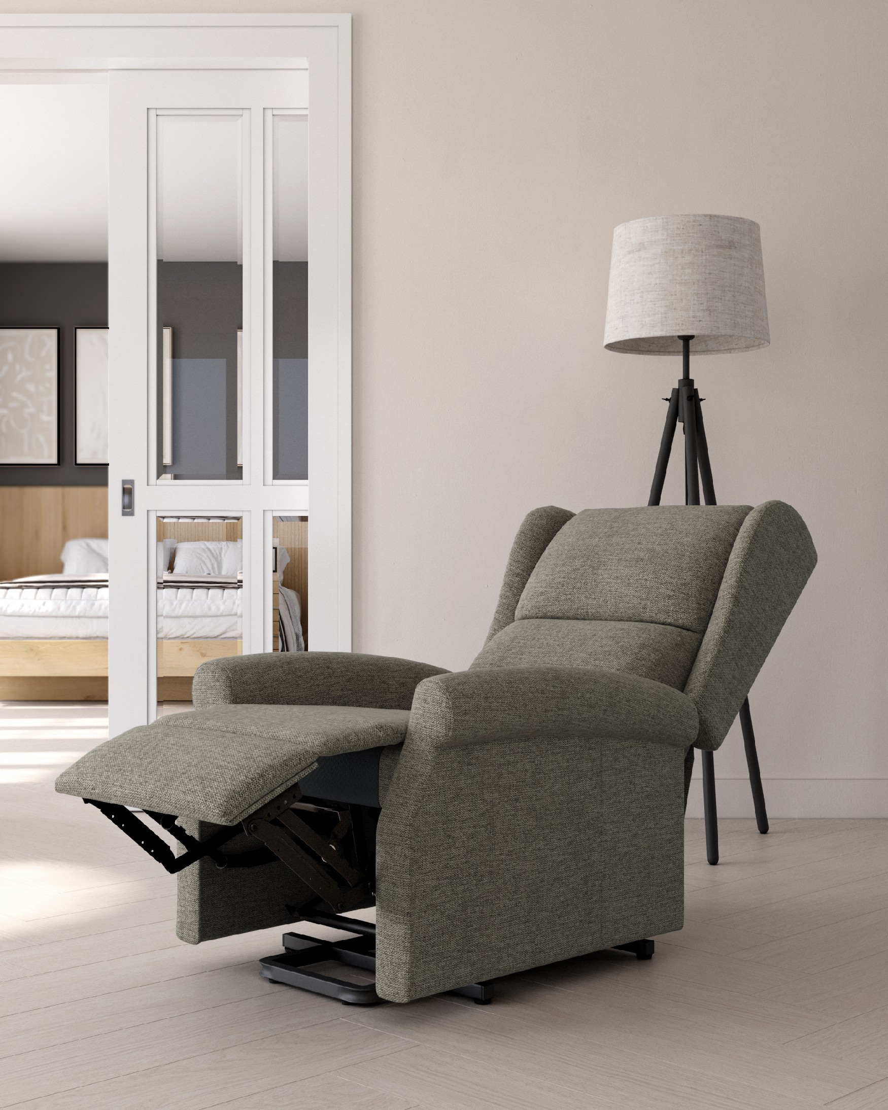 Manual recliner chair Alba with gray upholstery and black metal leg