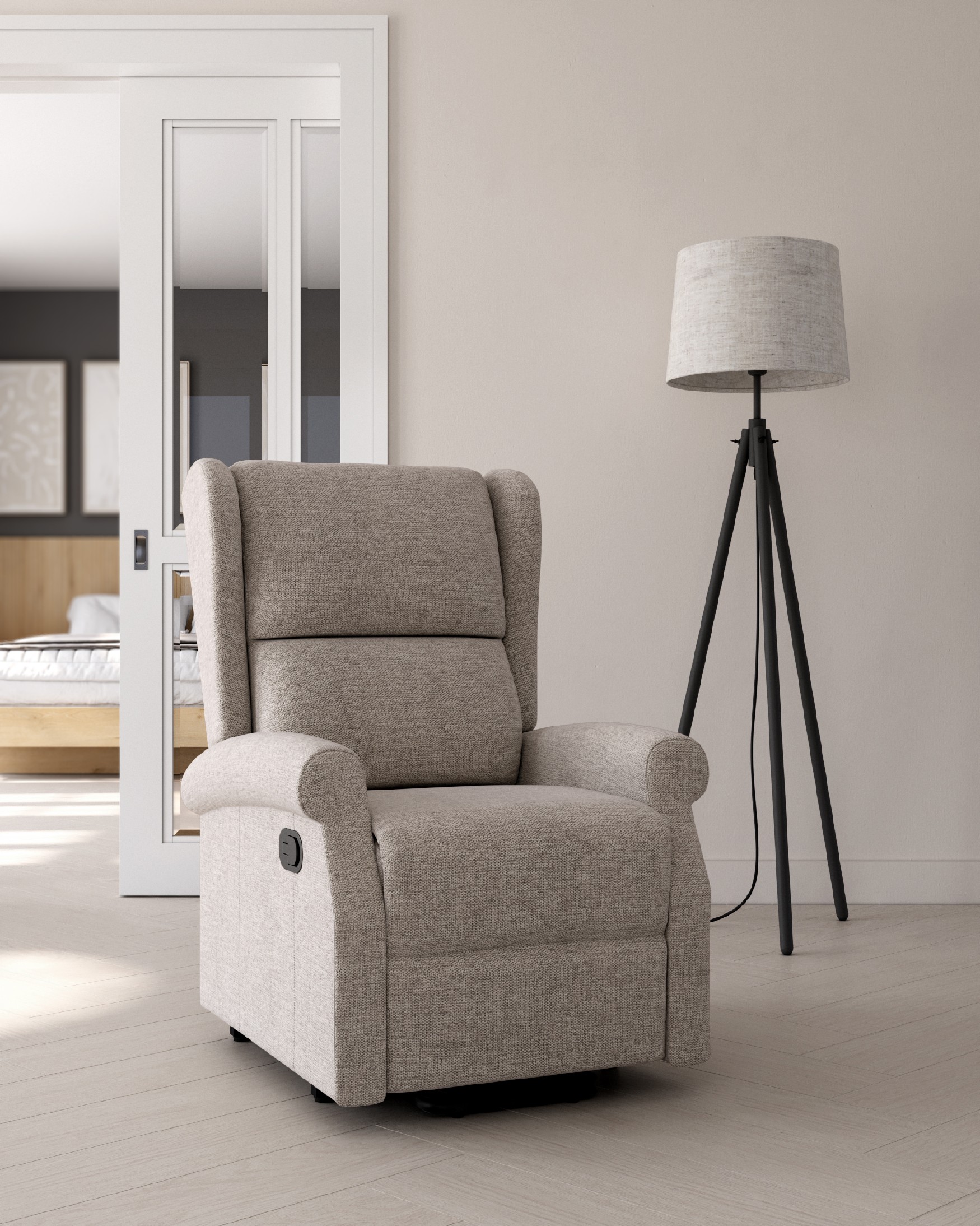 Manual recliner chair Alba with pearl upholstery and black metal leg
