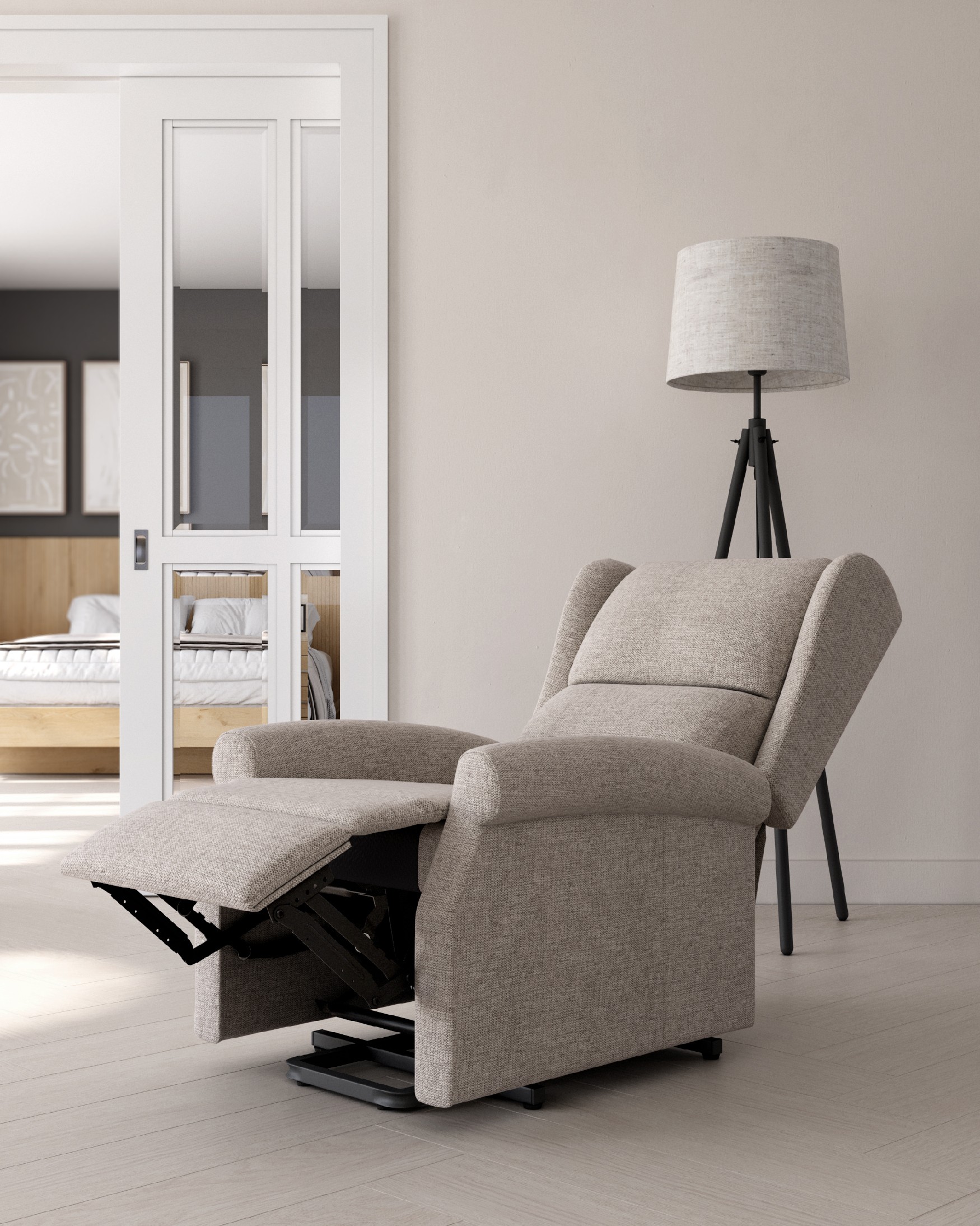 Manual recliner chair Alba with pearl upholstery and black metal leg