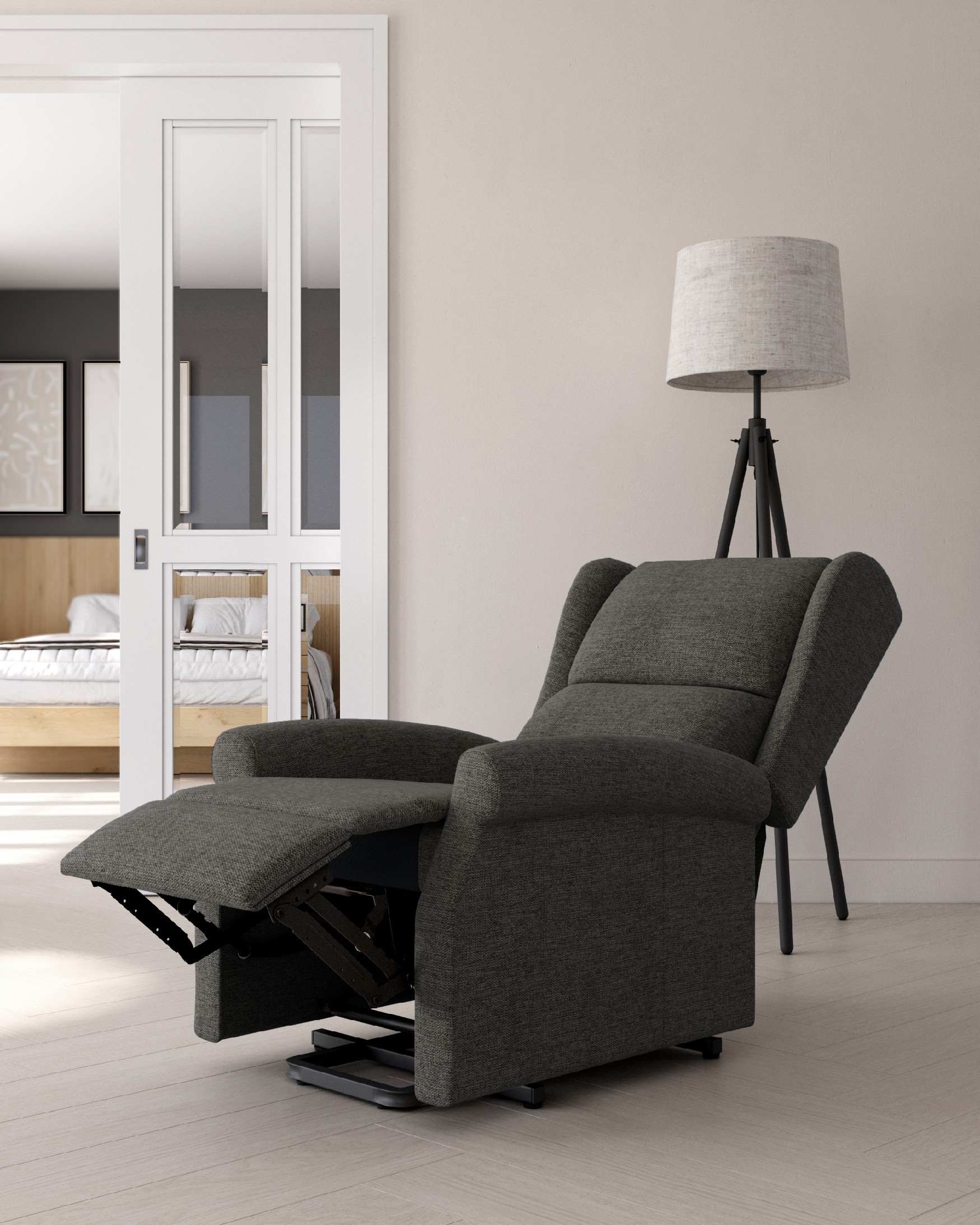 Manual recliner chair Alba with slate upholstery and black metal leg