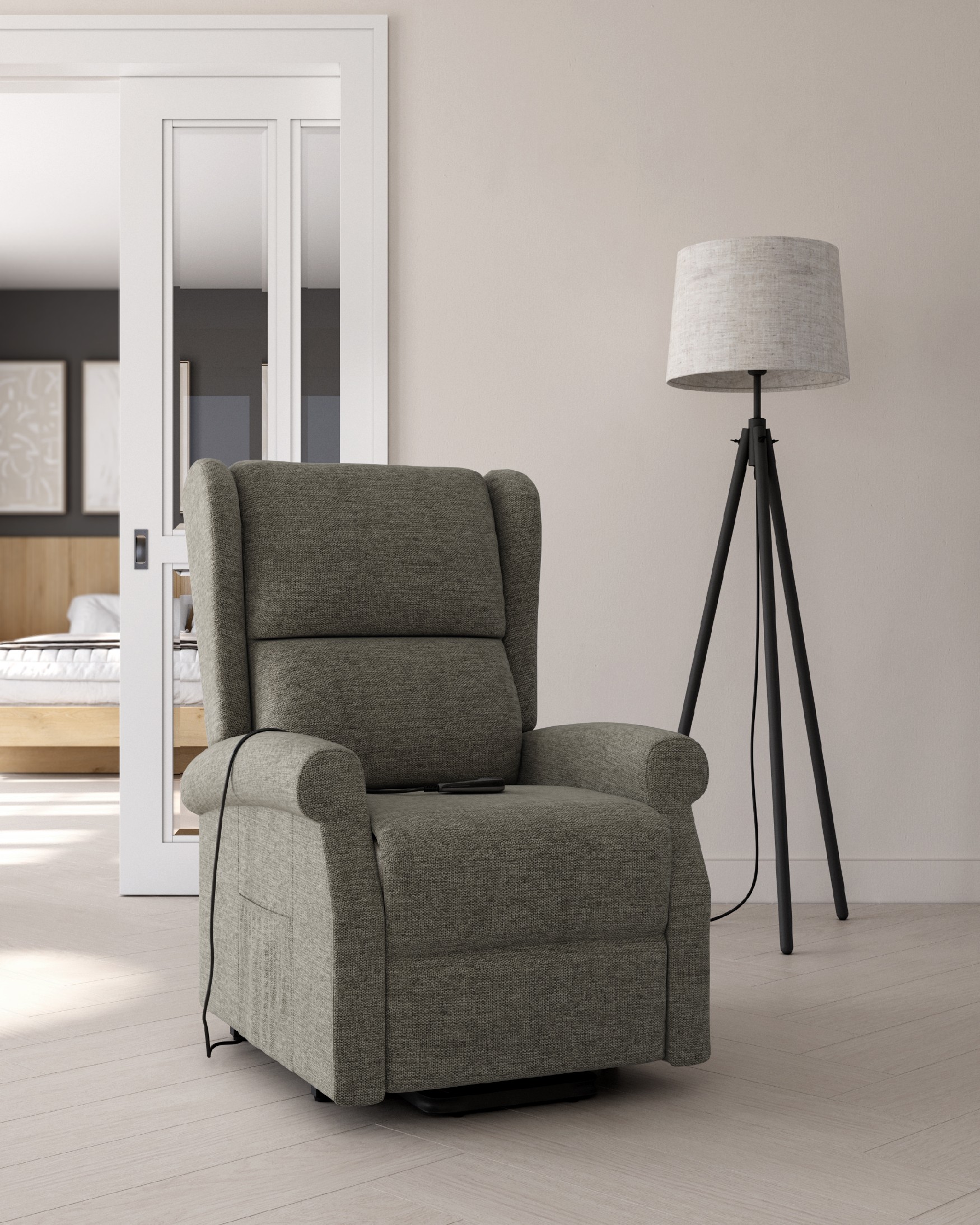 Electric recliner chair Alba with gray upholstery and black metal leg