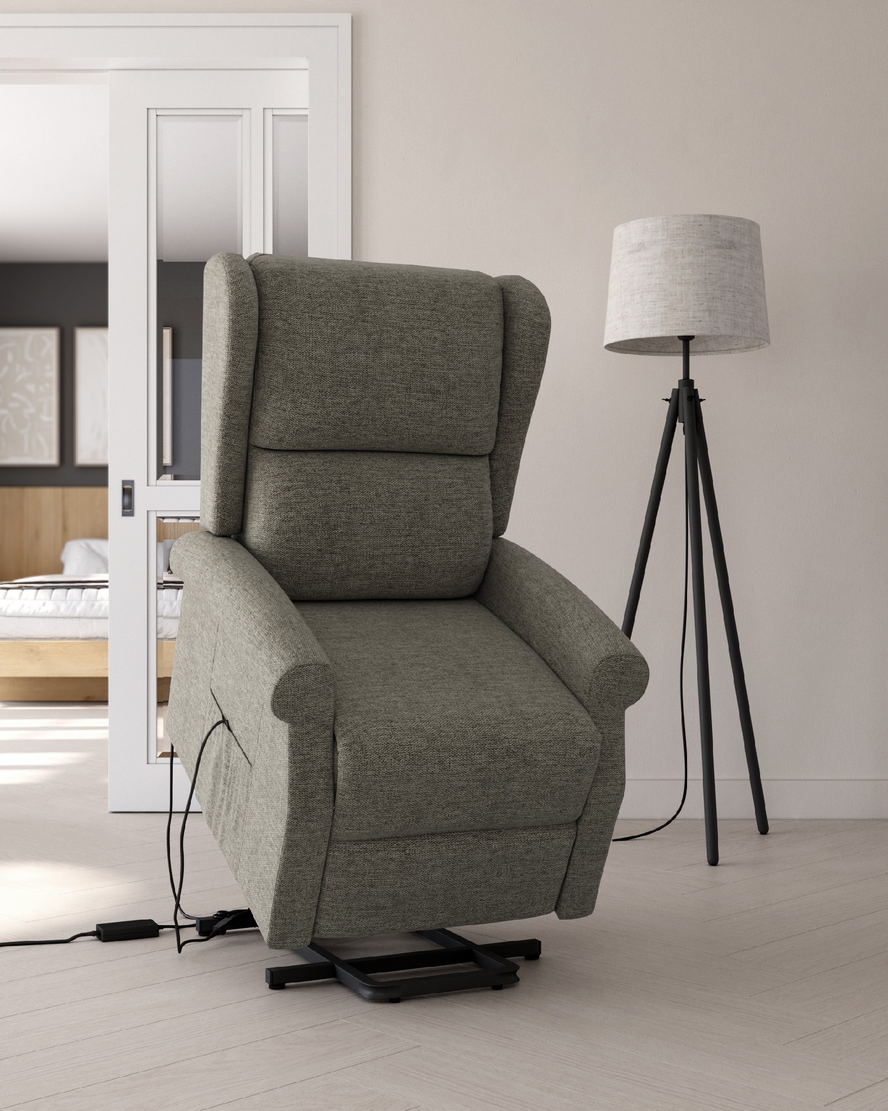 Electric recliner chair Alba with gray upholstery and black metal leg