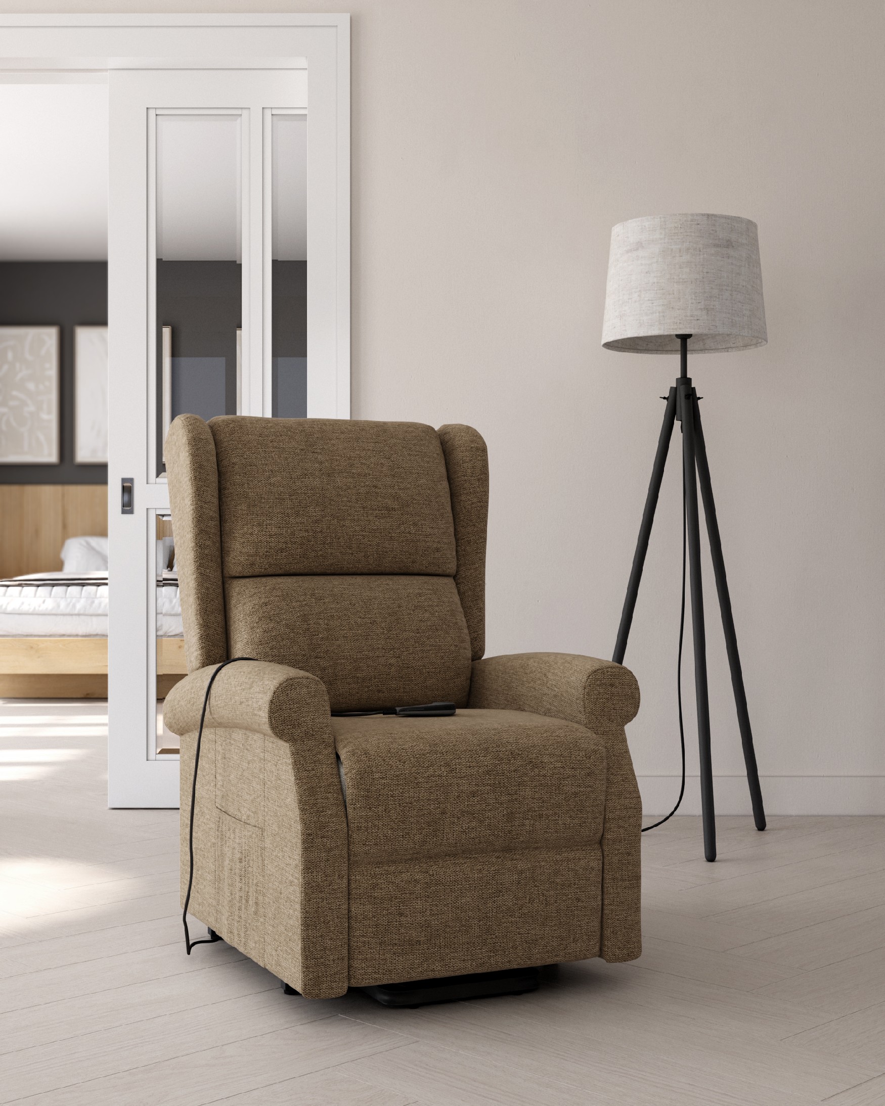 Electric recliner chair Alba with earth upholstery and black metal leg
