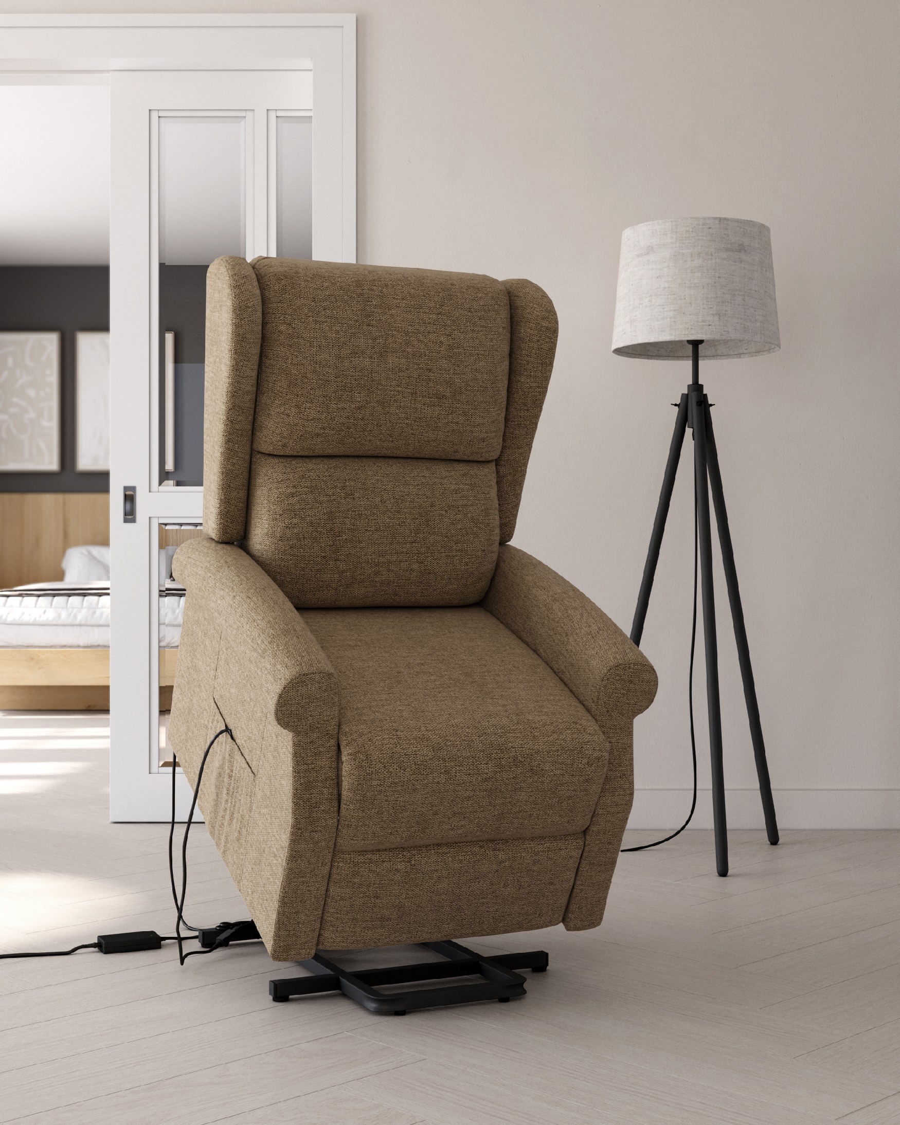 Electric recliner chair Alba with earth upholstery and black metal leg