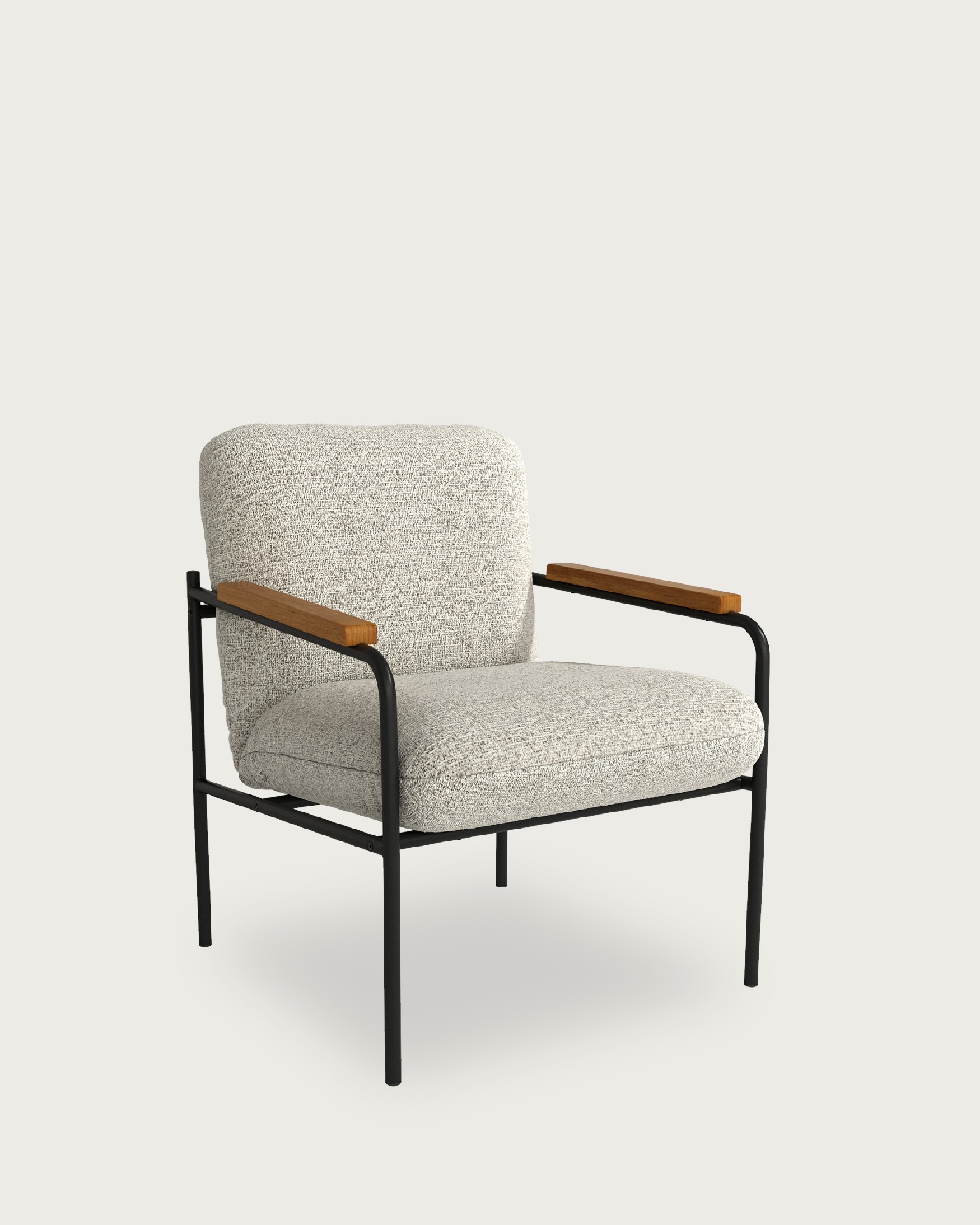Fauteuil Aloe avec revêtement marbré, accoudoirs en bois et structure noire.