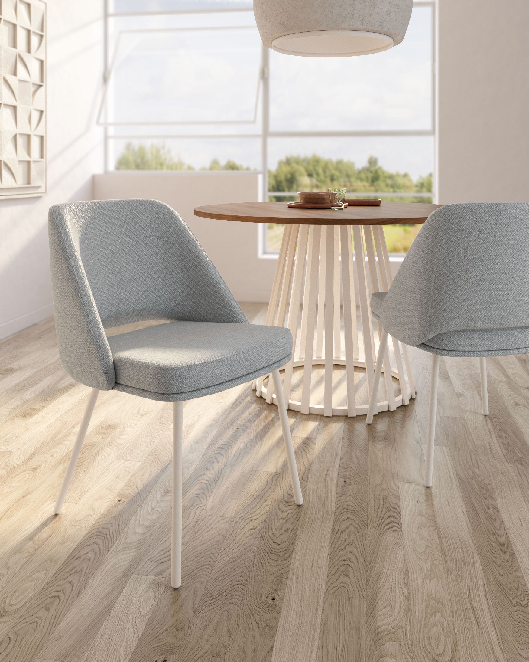 Chaise Aman avec tapisserie grise et pieds métalliques ivoire